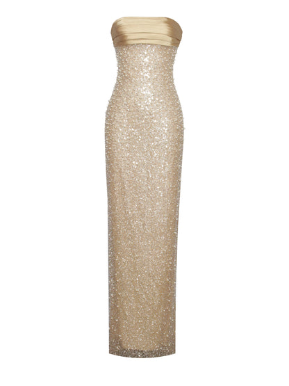 Lainey Gold Satin Sequin Pearls Beaded Maxi Dress