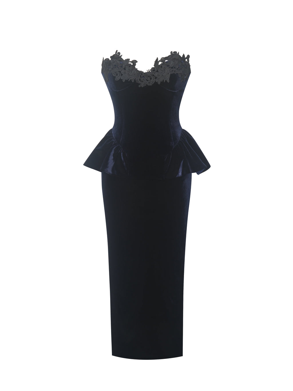 Pascha Black Lace Appliqué Strapless Peplum Maxi Dress