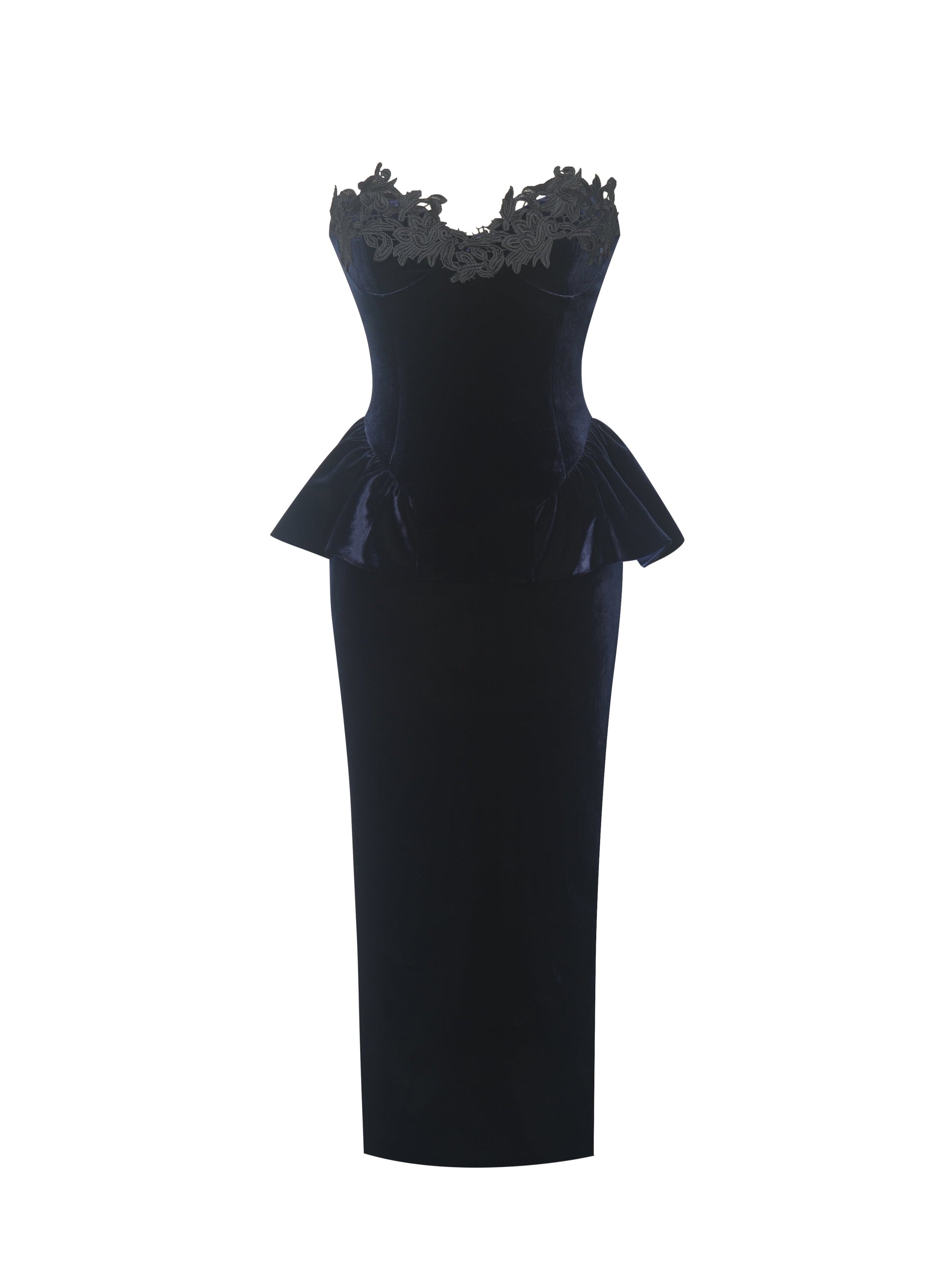 Pascha Black Lace Appliqué Strapless Peplum Maxi Dress