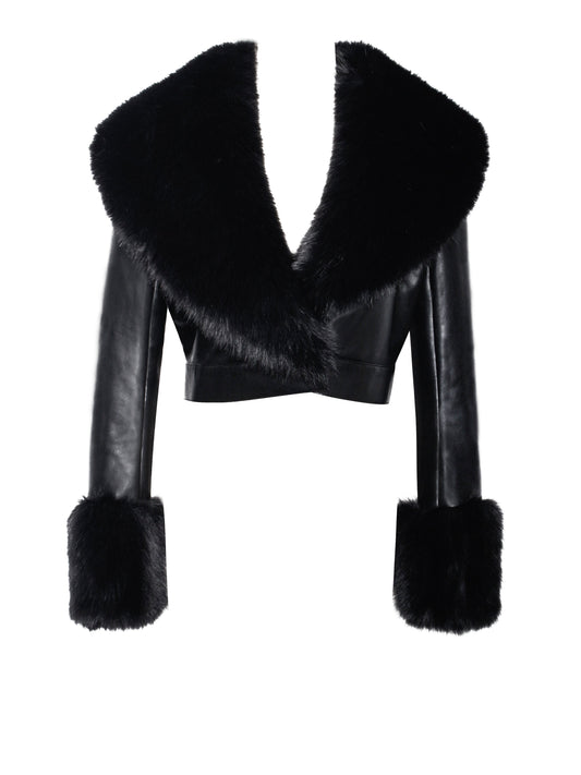 Ziah Cropped Leather Jacket with Fur Collar