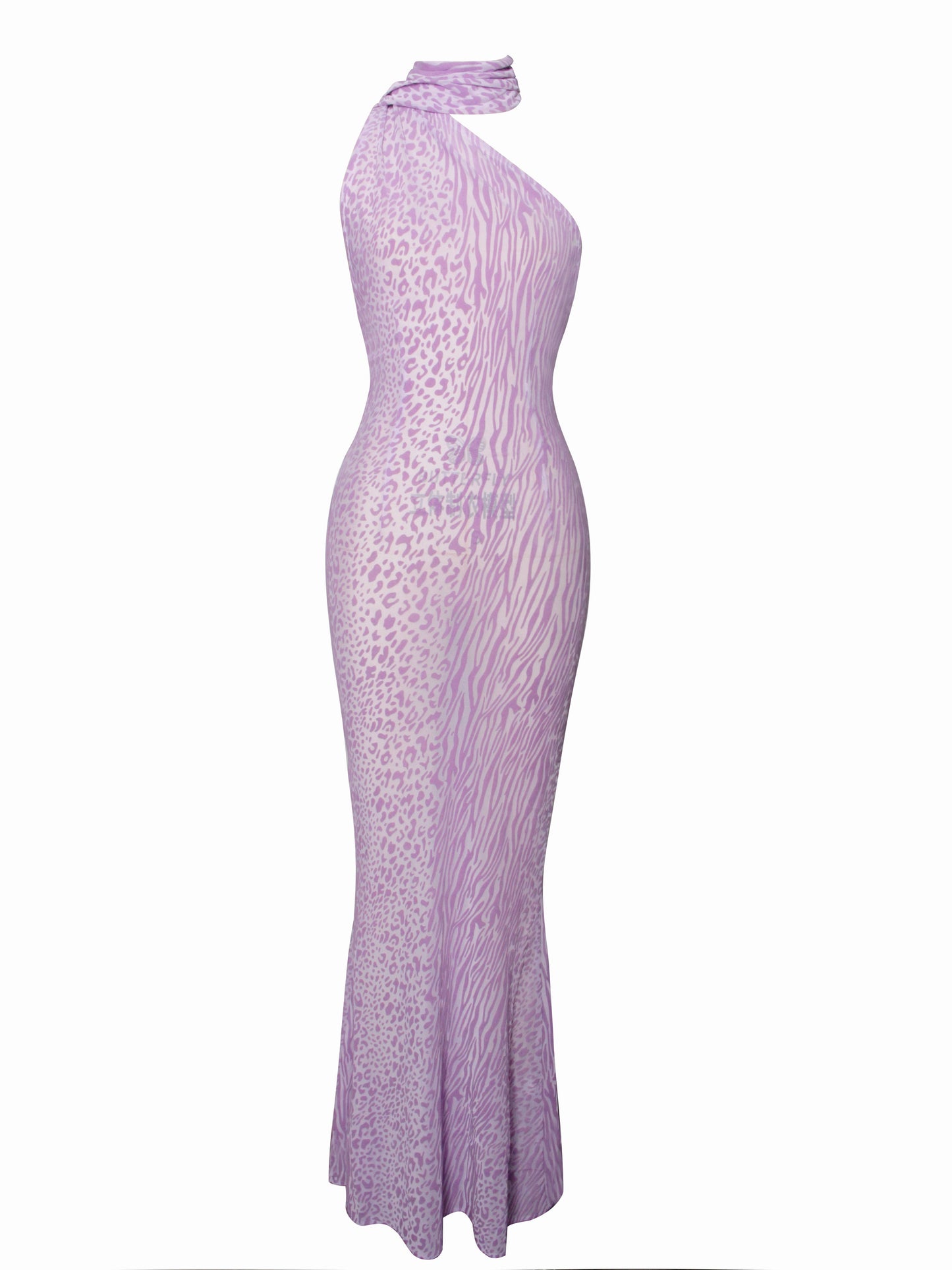 Olena Purple Velvet Animal Print Mesh Halter Maxi Dress