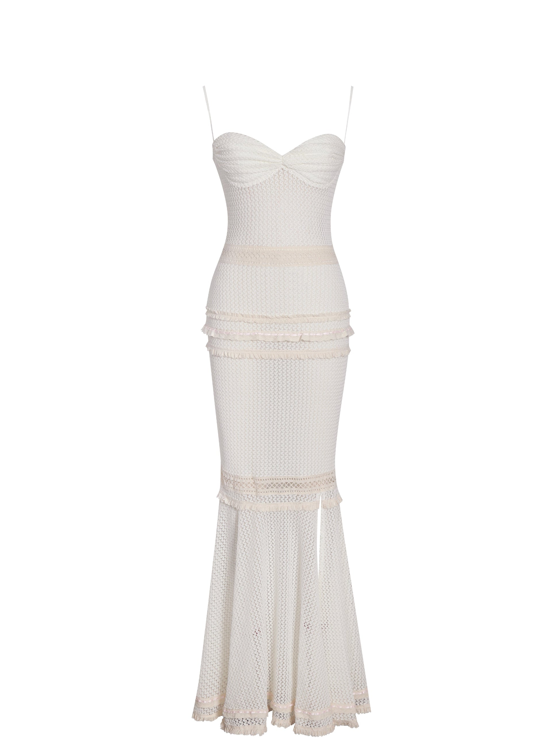 Pallas Beige Lace Trim Crochet Mermaid Maxi Dress - HOUSE OF SHE