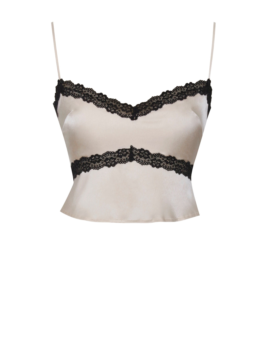 Yareli Beige Lace Trim Satin Strappy Top  HOUSE OF SHE
