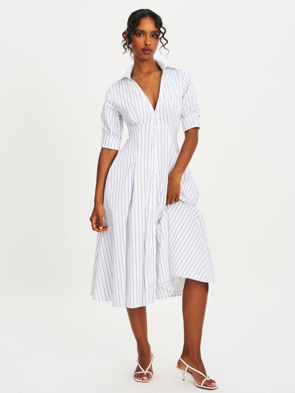 Palina Pinstripes Cotton Poplin Pleated Midi Preppy Shirt Dress - HOUSE OF SHE