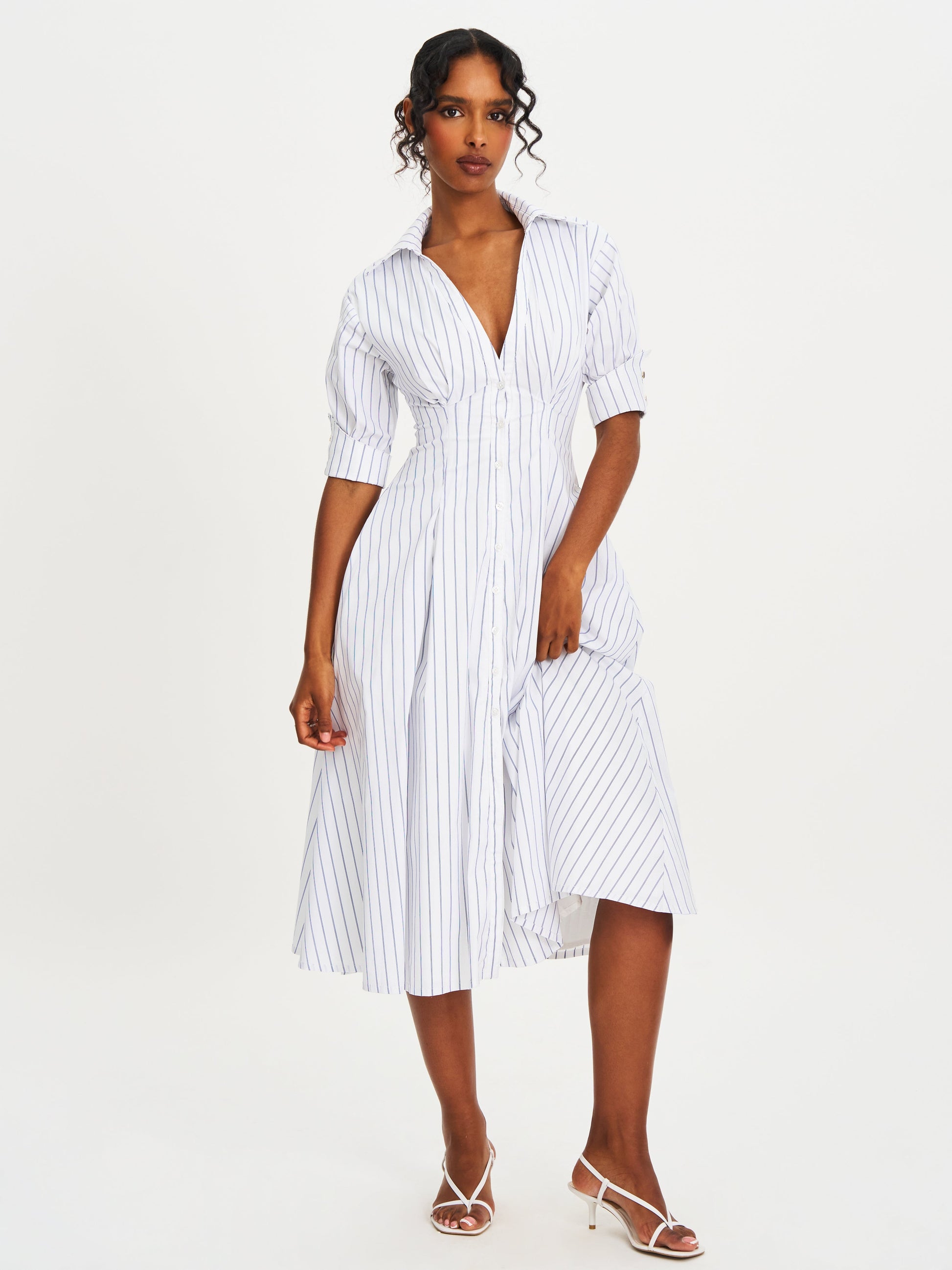 Palina Pinstripes Cotton Poplin Pleated Midi Preppy Shirt Dress - HOUSE OF SHE