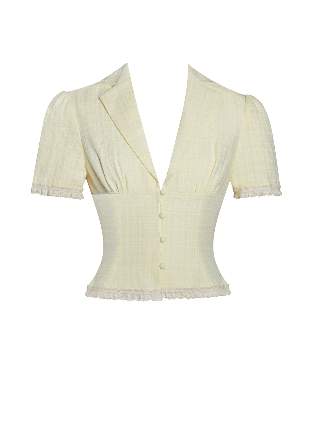 Odelia Yellow Lace Trim Seersucker Button Up Top - HOUSE OF SHE