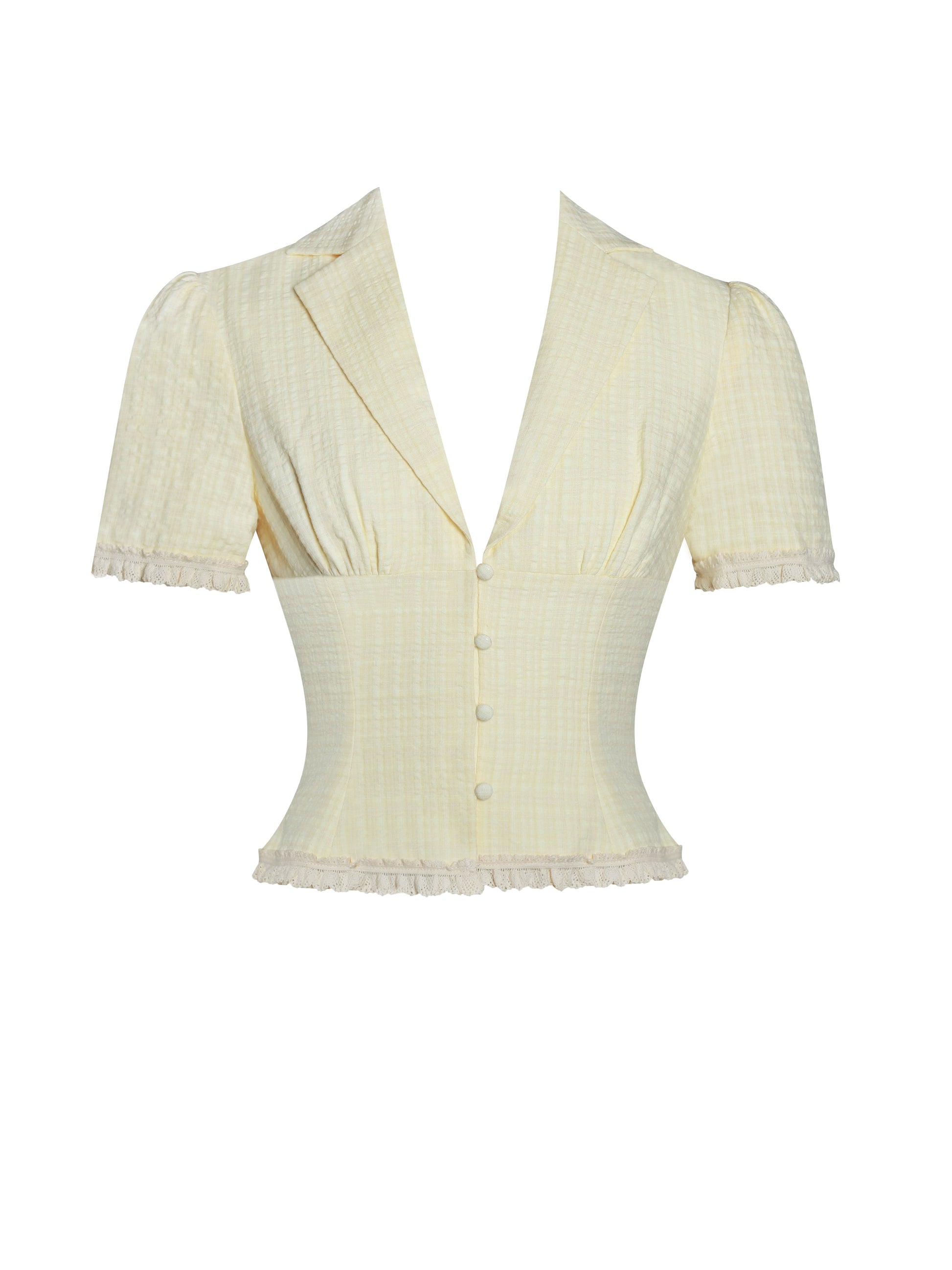 Odelia Yellow Lace Trim Seersucker Button Up Top - HOUSE OF SHE