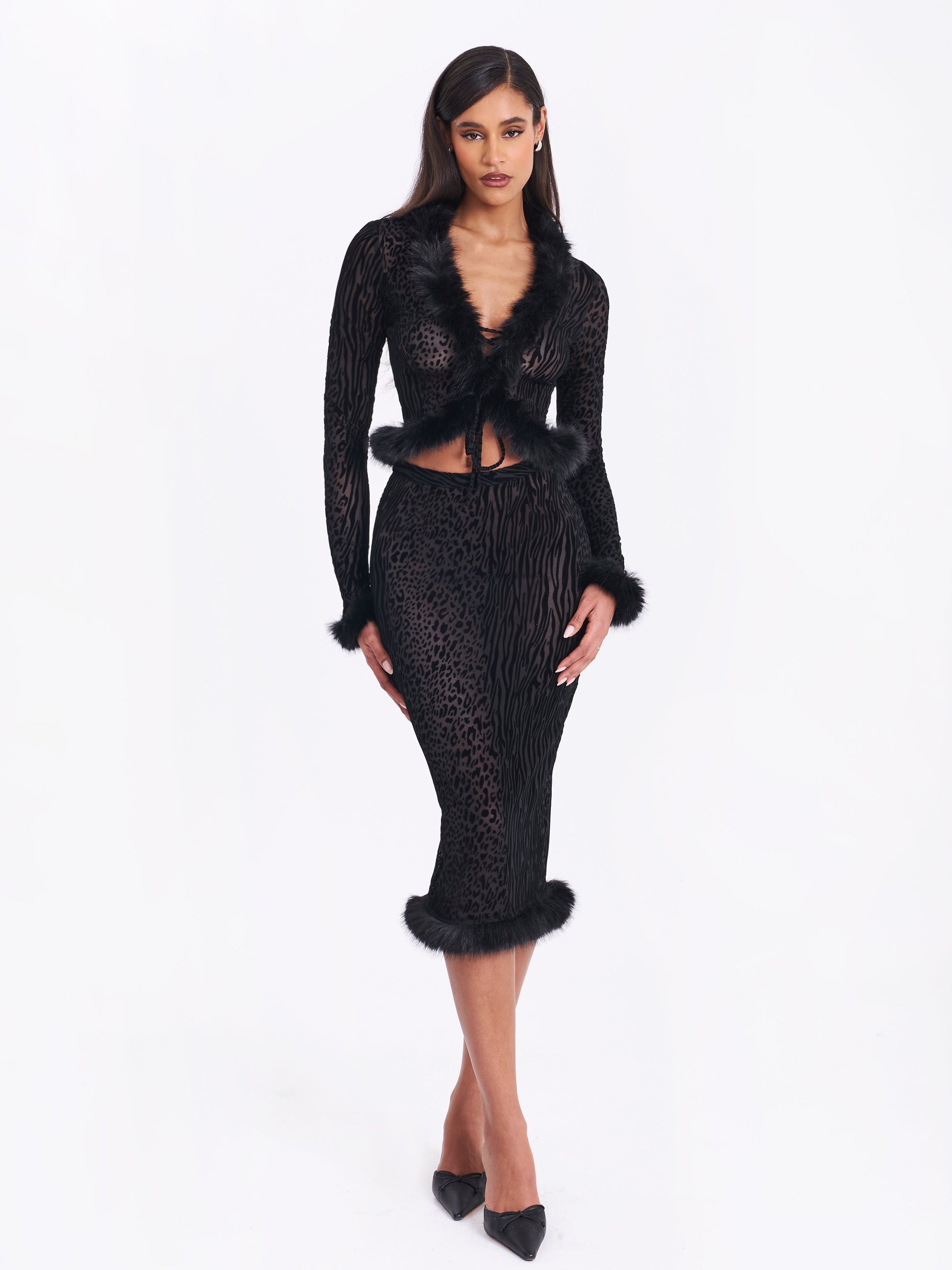 Hali Black Animal Print Burnout Velvet Fur Trim Top - HOUSE OF SHE