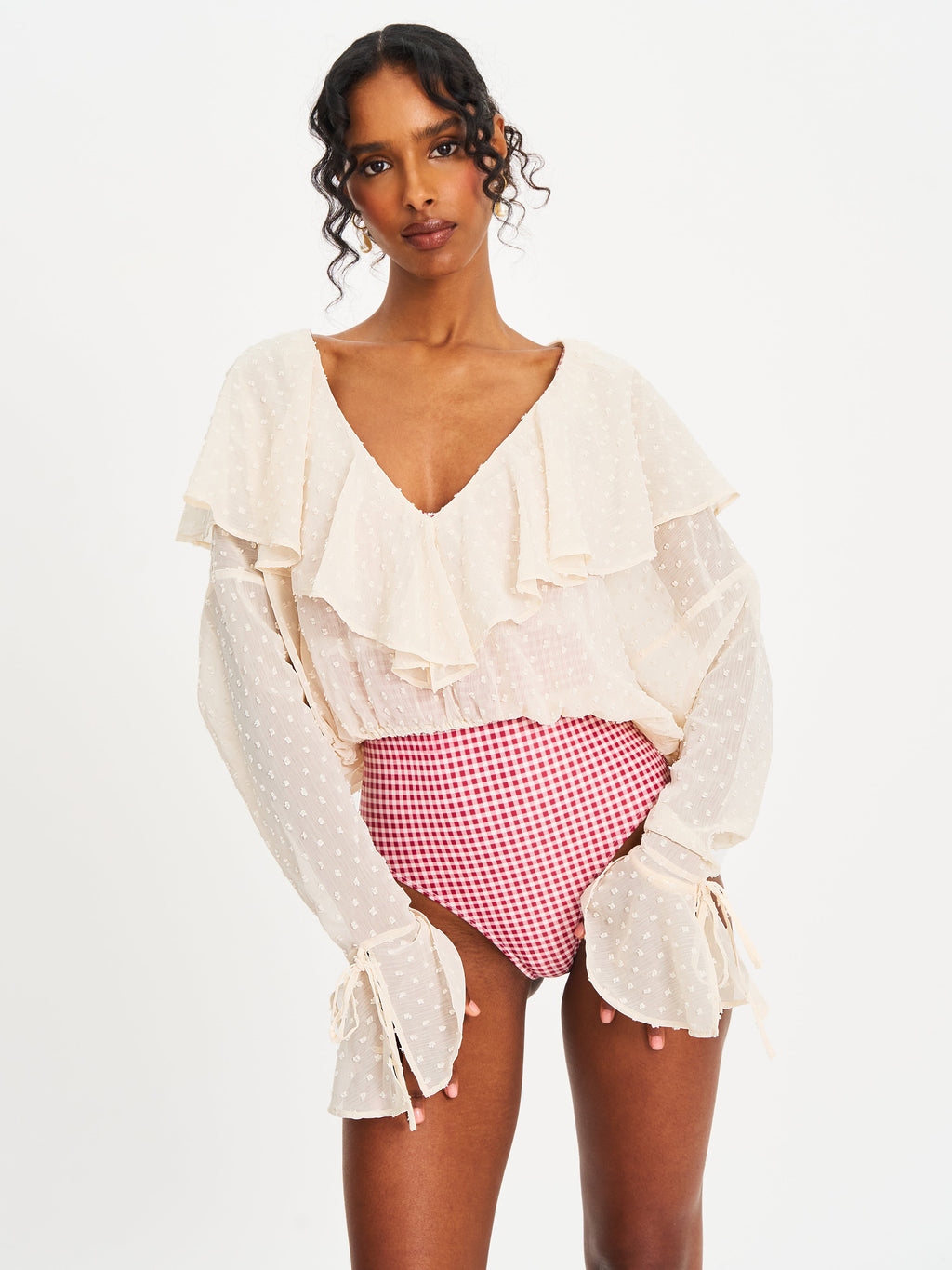 Magali Beige Dotted Mesh Ruffle V Collar Top - HOUSE OF SHE