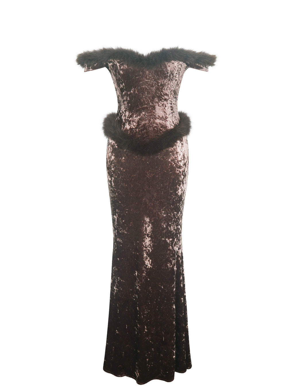 Tessa Coffee Sweetheart Bardot Faux Fur Velvet Mermaid Maxi Dress