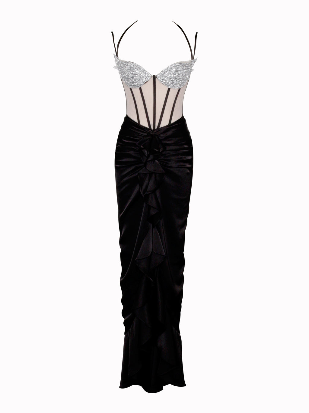 Rafi Black Satin Corset Sequin Wing Maxi Dress - HOUSE OF SHE