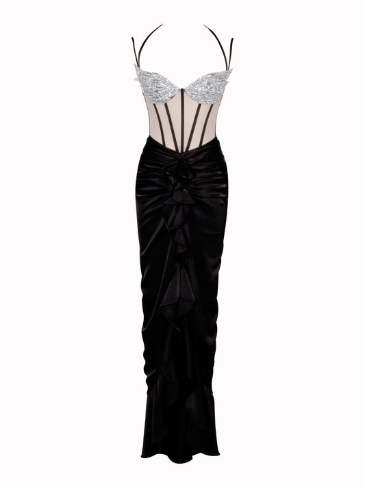 Rafi Black Satin Corset Sequin Wing Maxi Dress