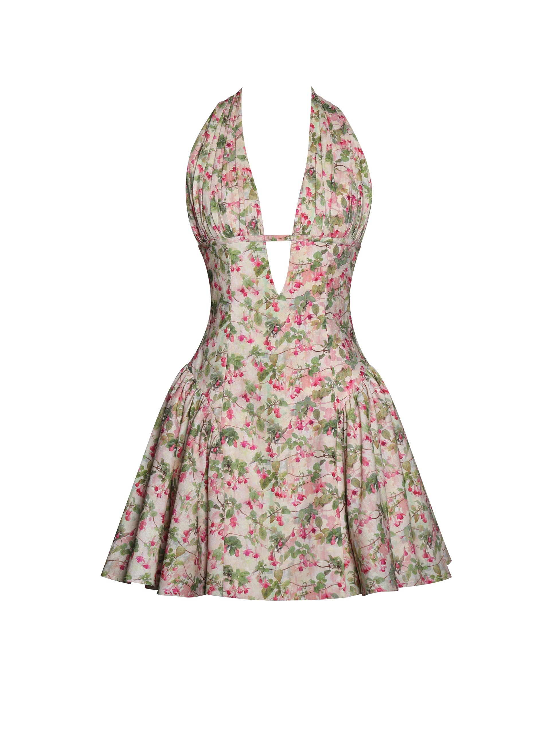Mackenzie Green and Pink Floral Print Halter Linen Mini Dress