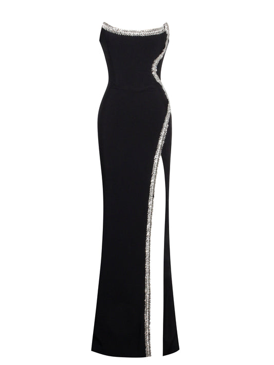 Xoana Black Crystal Embellished High Slit Gown