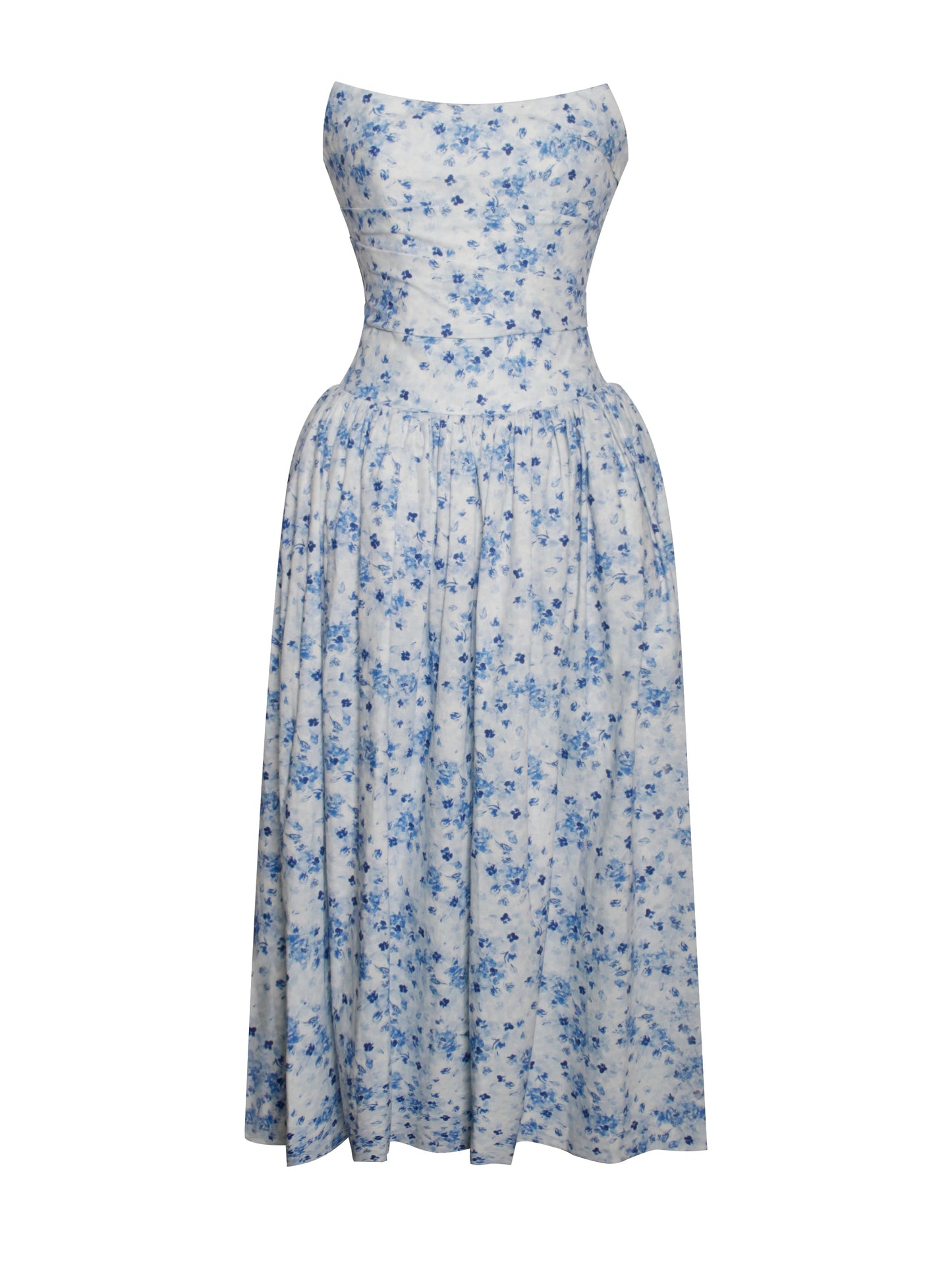 Paloma Blue Print Linen Corset Draping Top Midi Dress