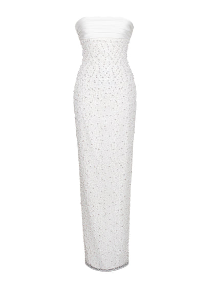 Lainey White Satin Sequin Pearls Beaded Maxi Dress