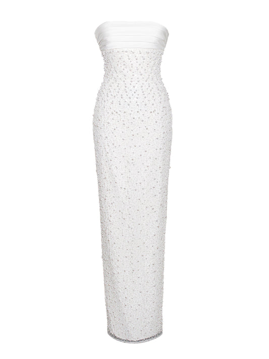 Lainey White Satin Sequin Pearls Beaded Maxi Dress