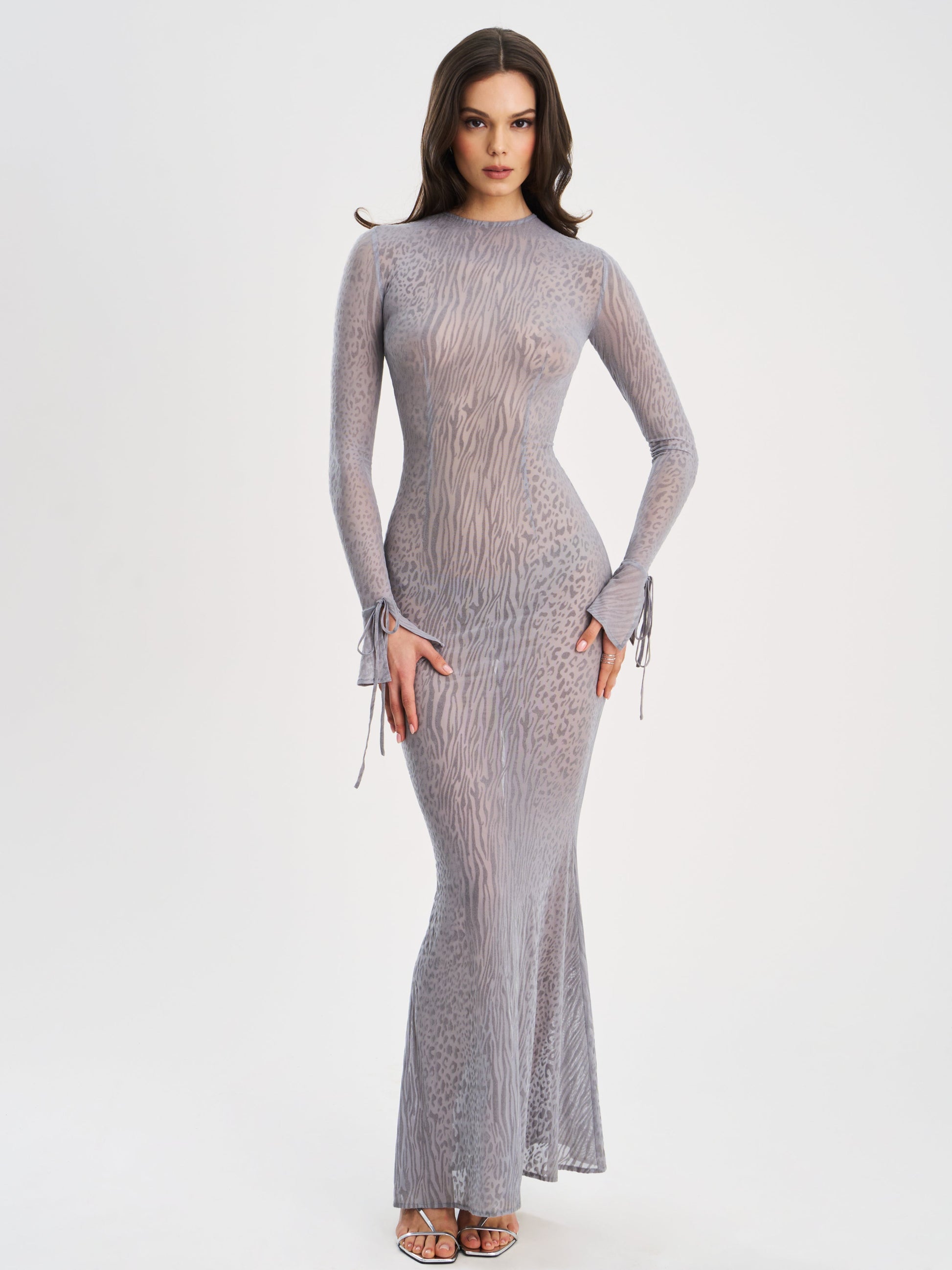 Waylynn Gray Animal Print Burnout Velvet Detail Mesh Backless Maxi Dress - HOUSE OF SHE