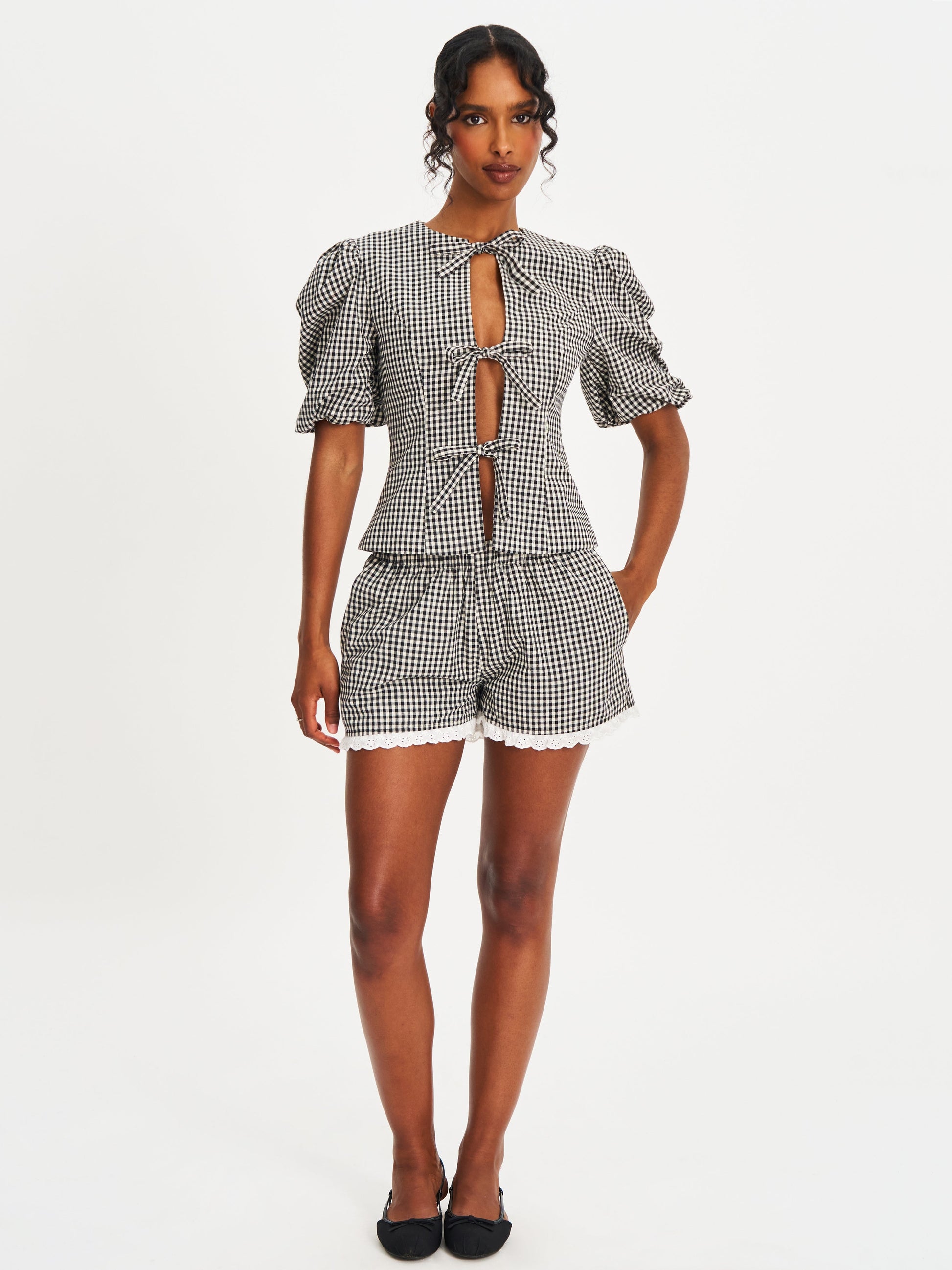 Qutayla Black Gingham Lace Trim Shorts - HOUSE OF SHE
