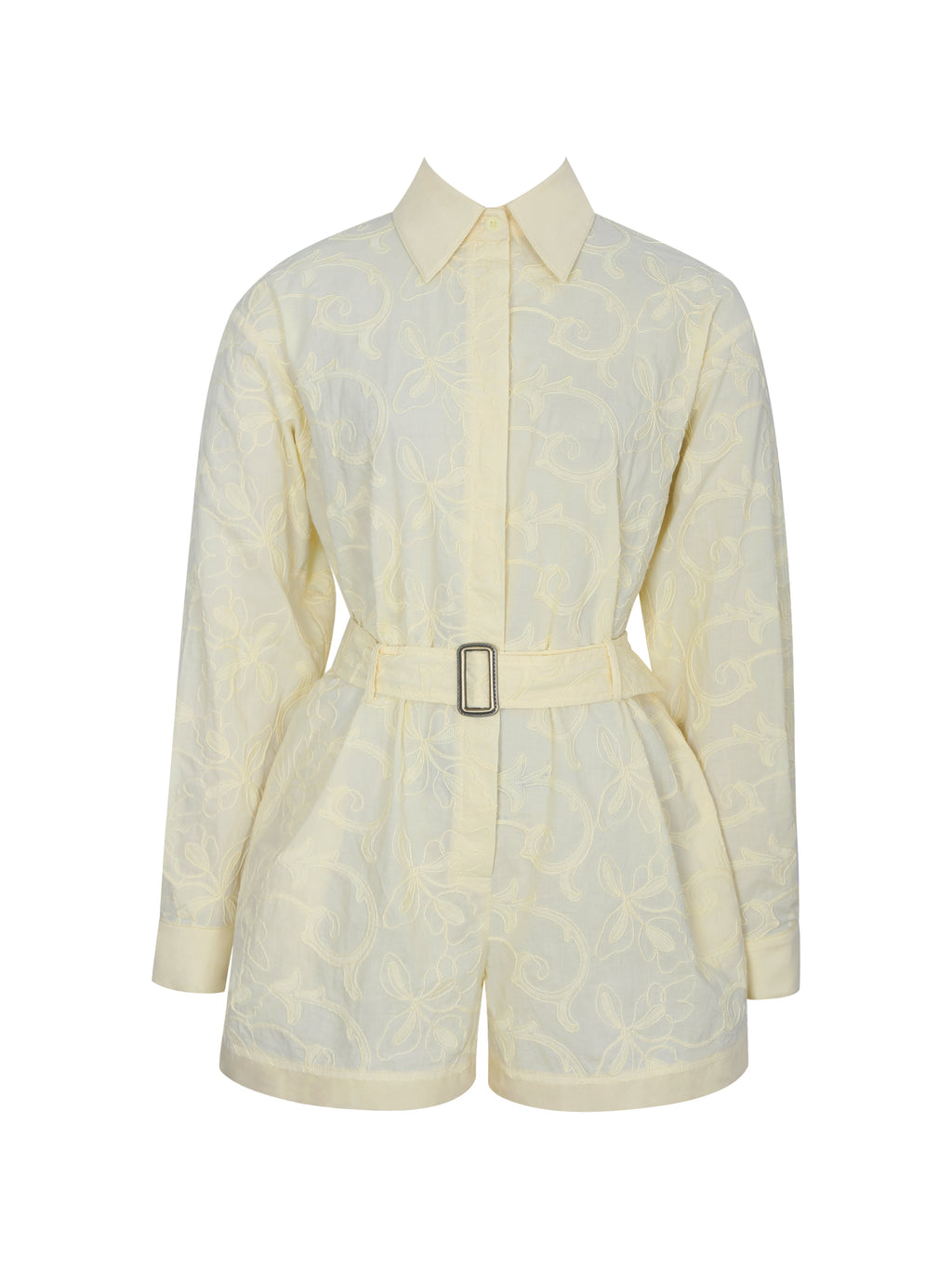 Malou Lemon Yellow Embroidered Poplin Belted Shirt Romper