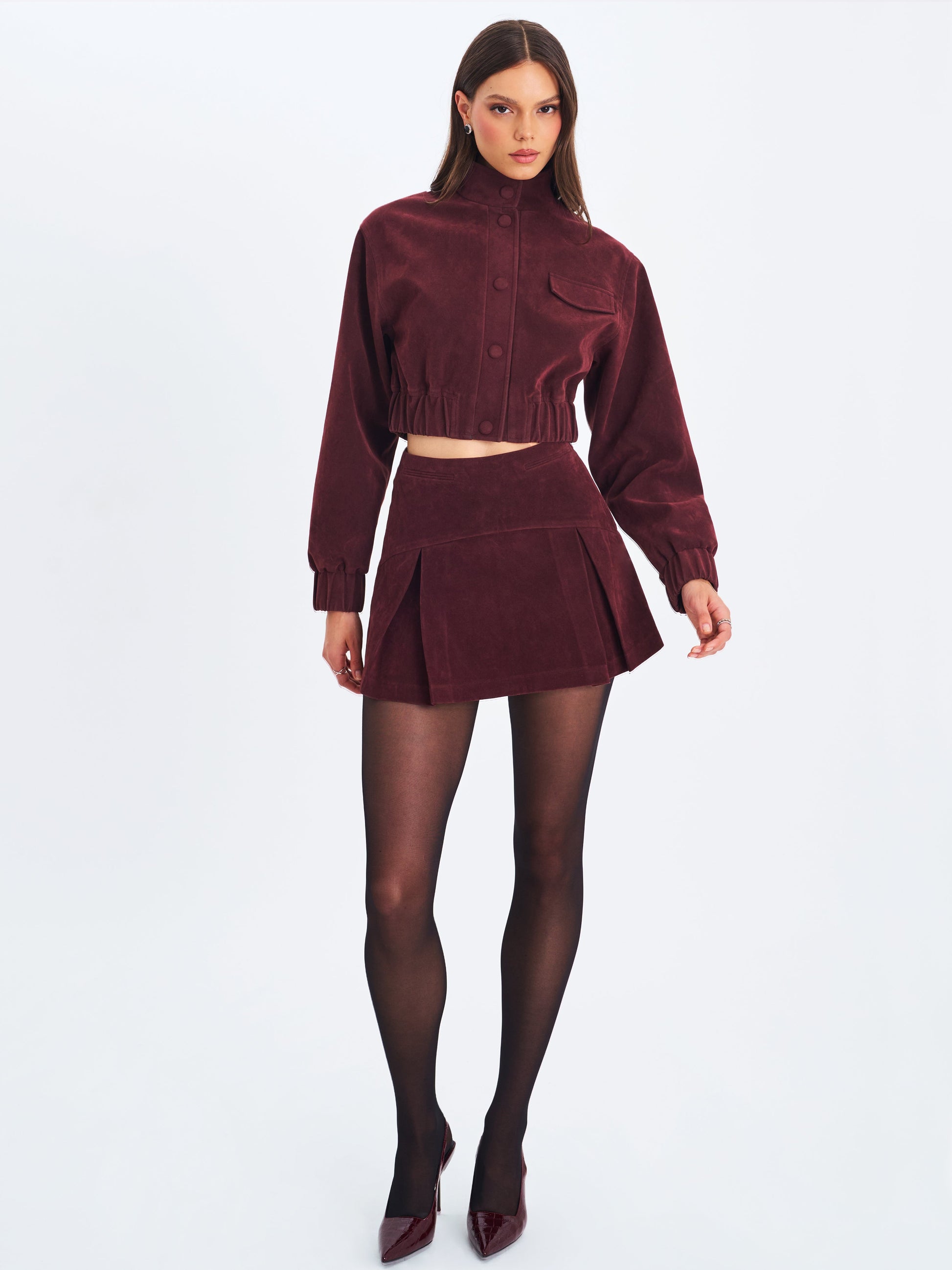 Farryn Mahogany Vegan Suede Cropped Bomber Jacket