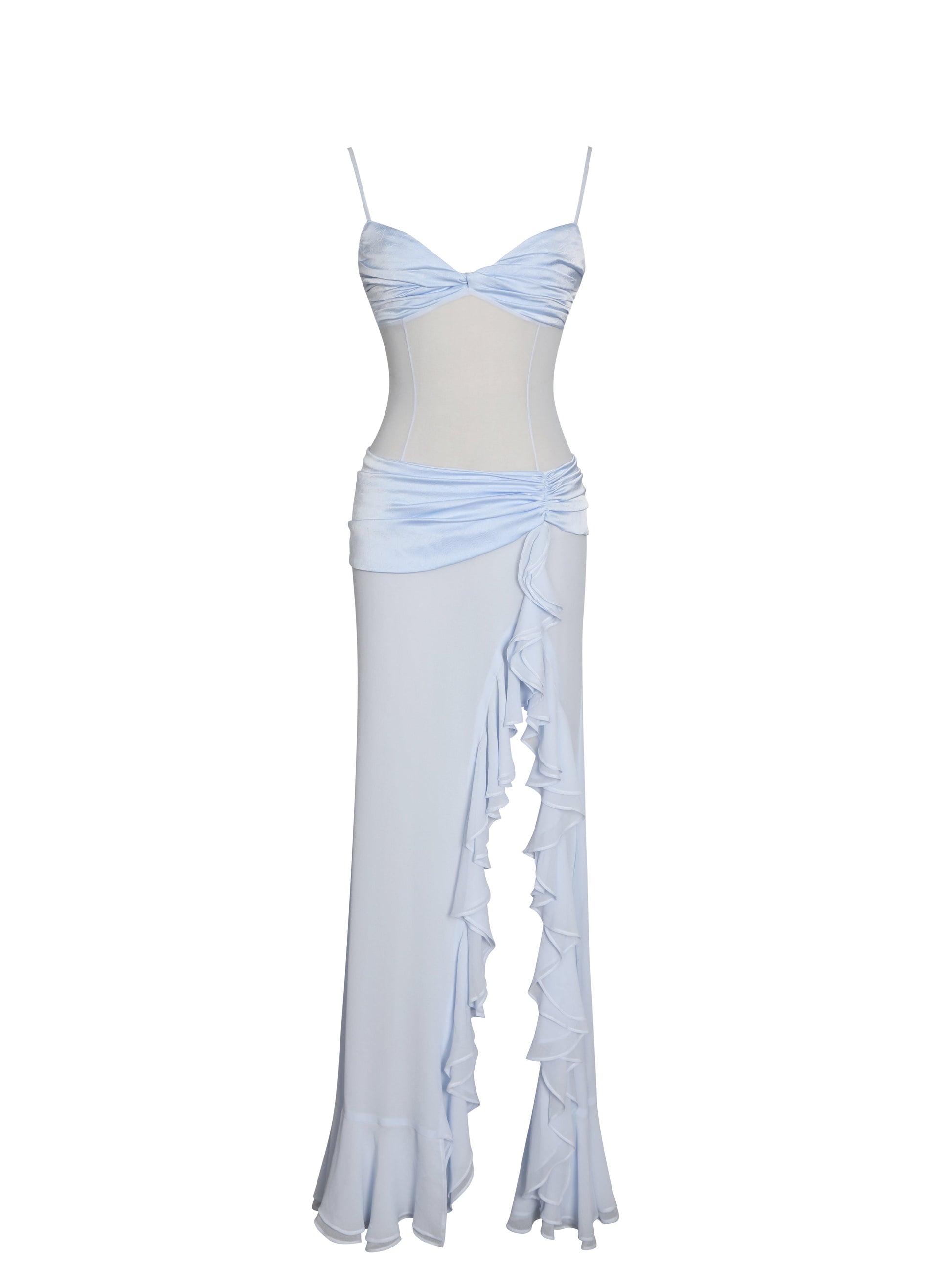 Lacy Blue Ruched Breast High Slit Chiffon Dress - HOUSE OF SHE