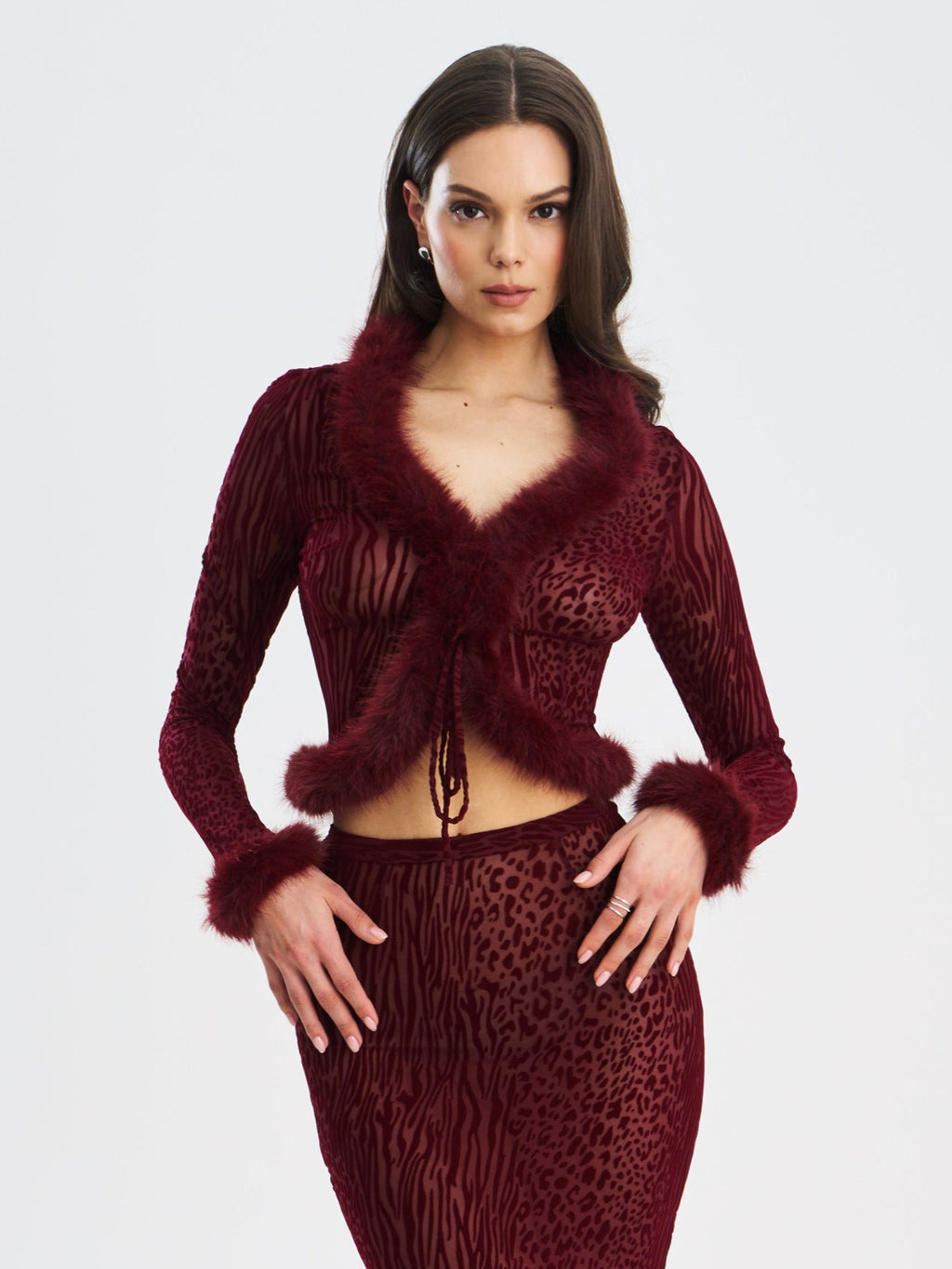Hali Burgundy Animal Print Burnout Velvet Fur Trim Top - HOUSE OF SHE