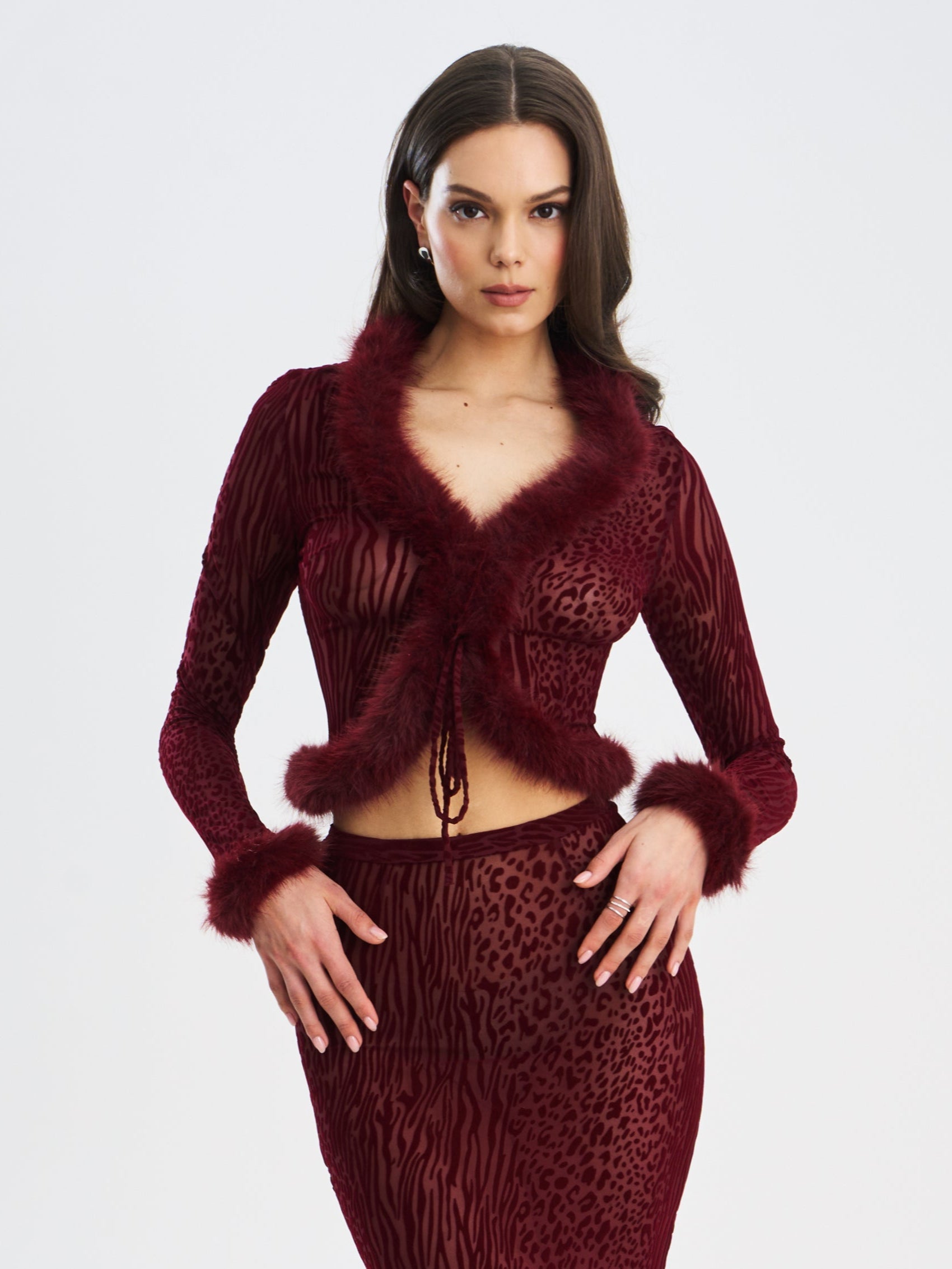 Hali Burgundy Animal Print Burnout Velvet Fur Trim Top - HOUSE OF SHE