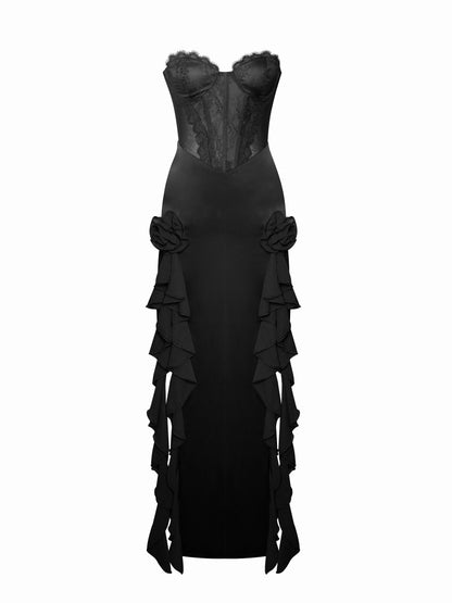 Talia Black Satin Lace Corset Maxi Dress  HOUSE OF SHE