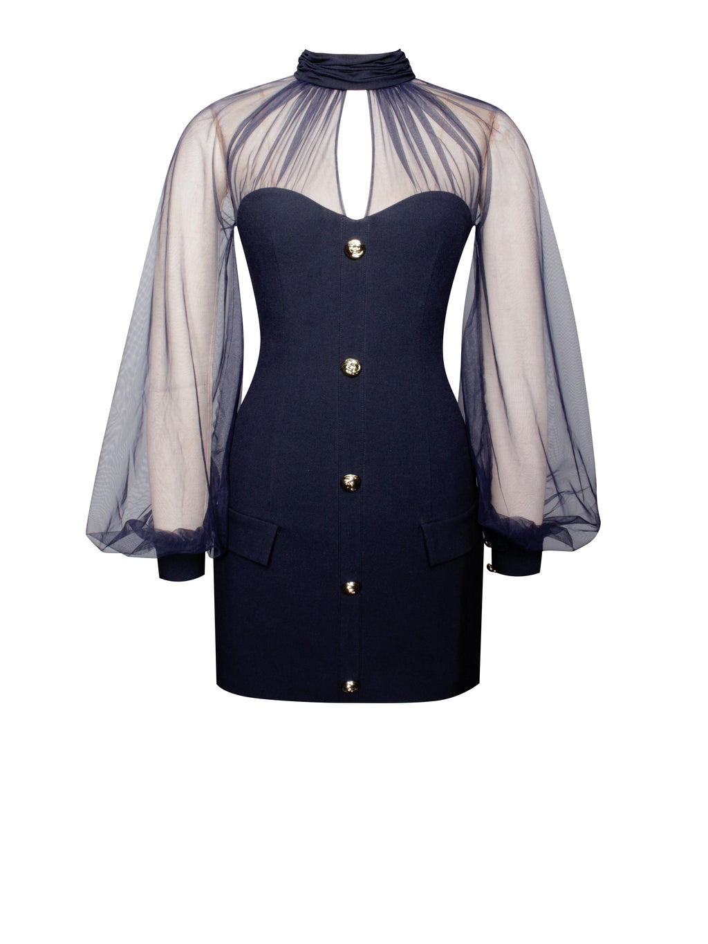 Tabitha Navy Blue Mesh Lantern Sleeve Mini Dress - HOUSE OF SHE