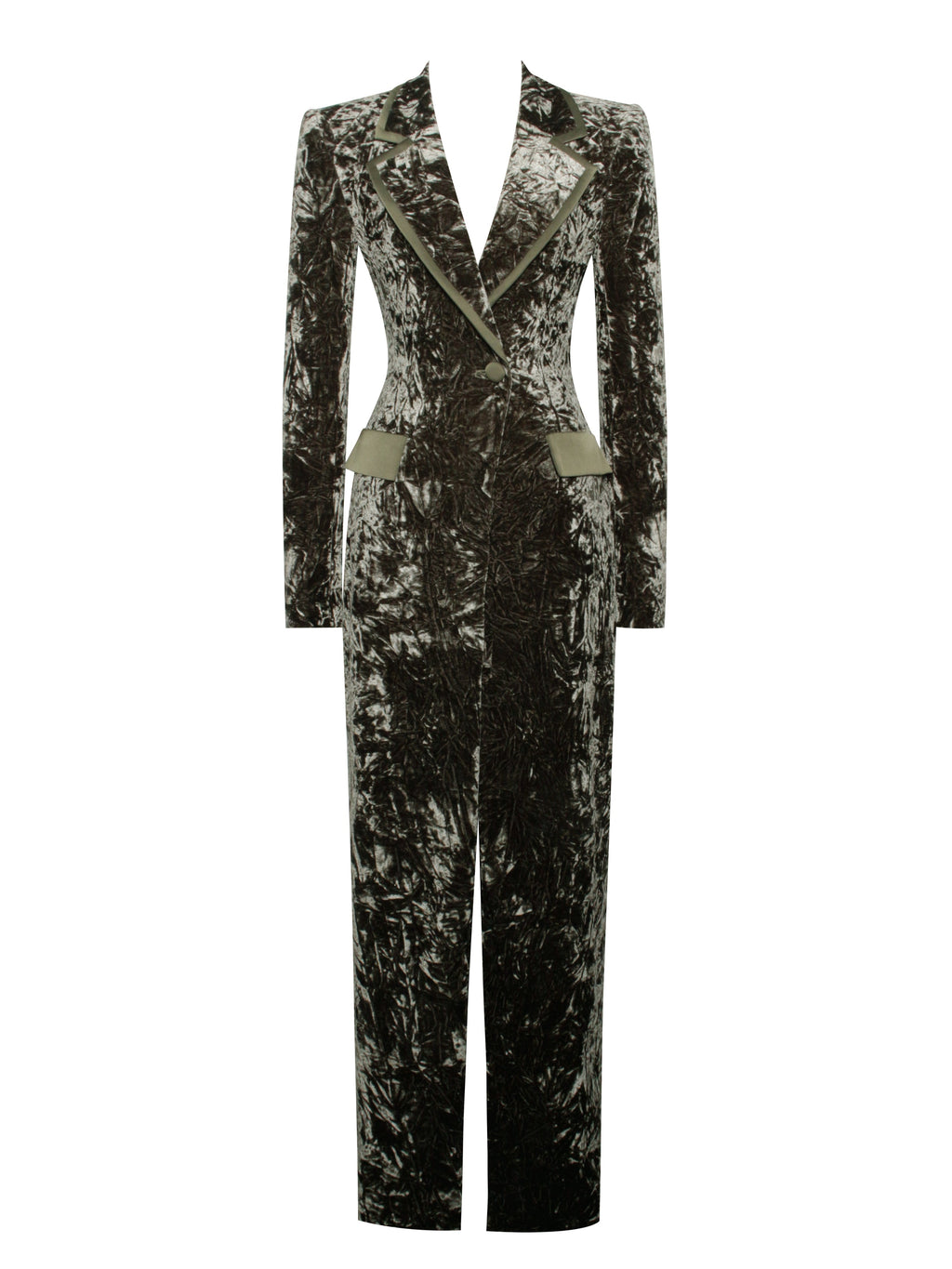 Willow Green Glossy Velvet High Slit Blazer Gown - HOUSE OF SHE
