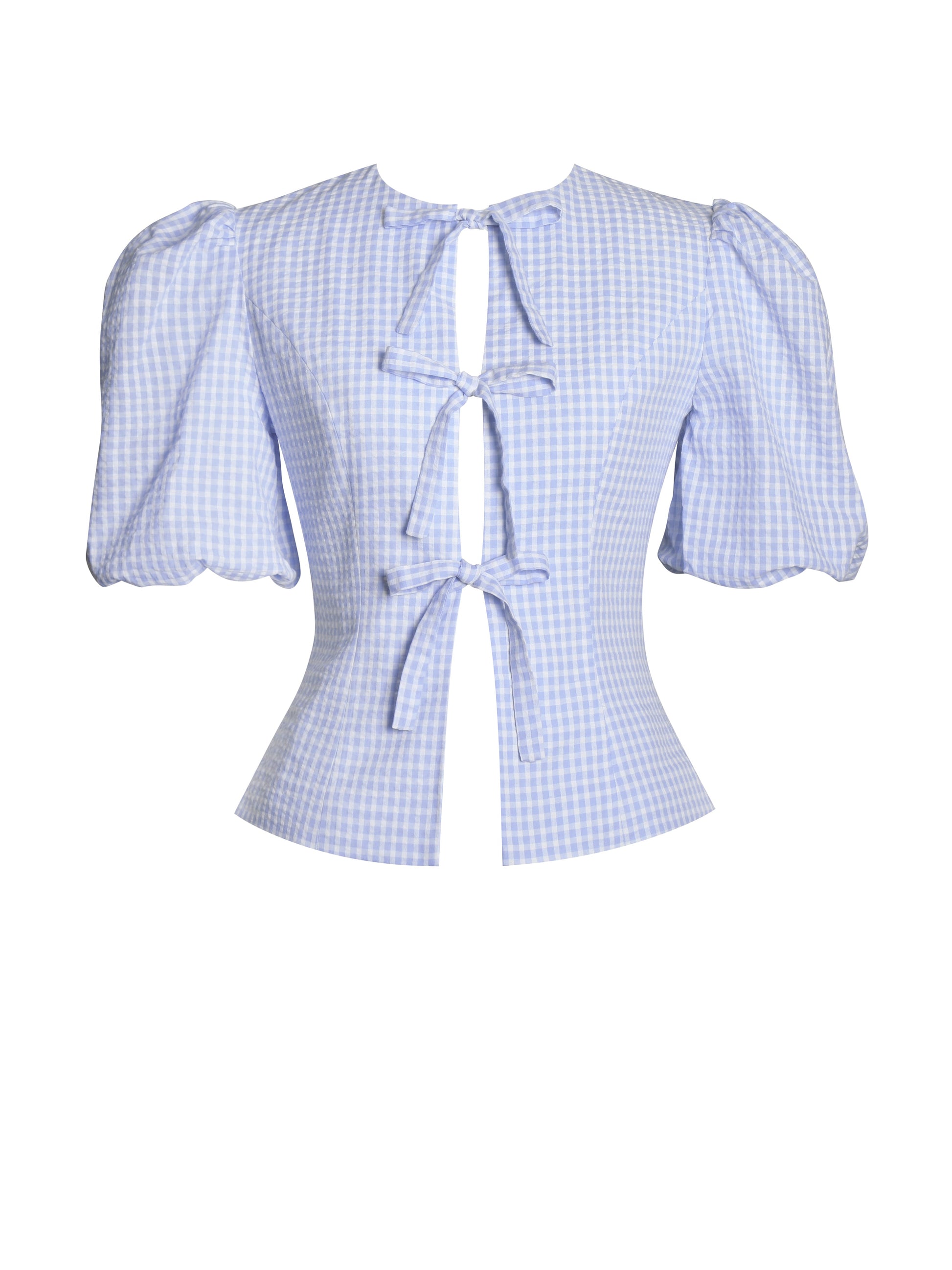 Qusayla Baby Blue Gingham Bubble Sleeve Bowtie Top - HOUSE OF SHE