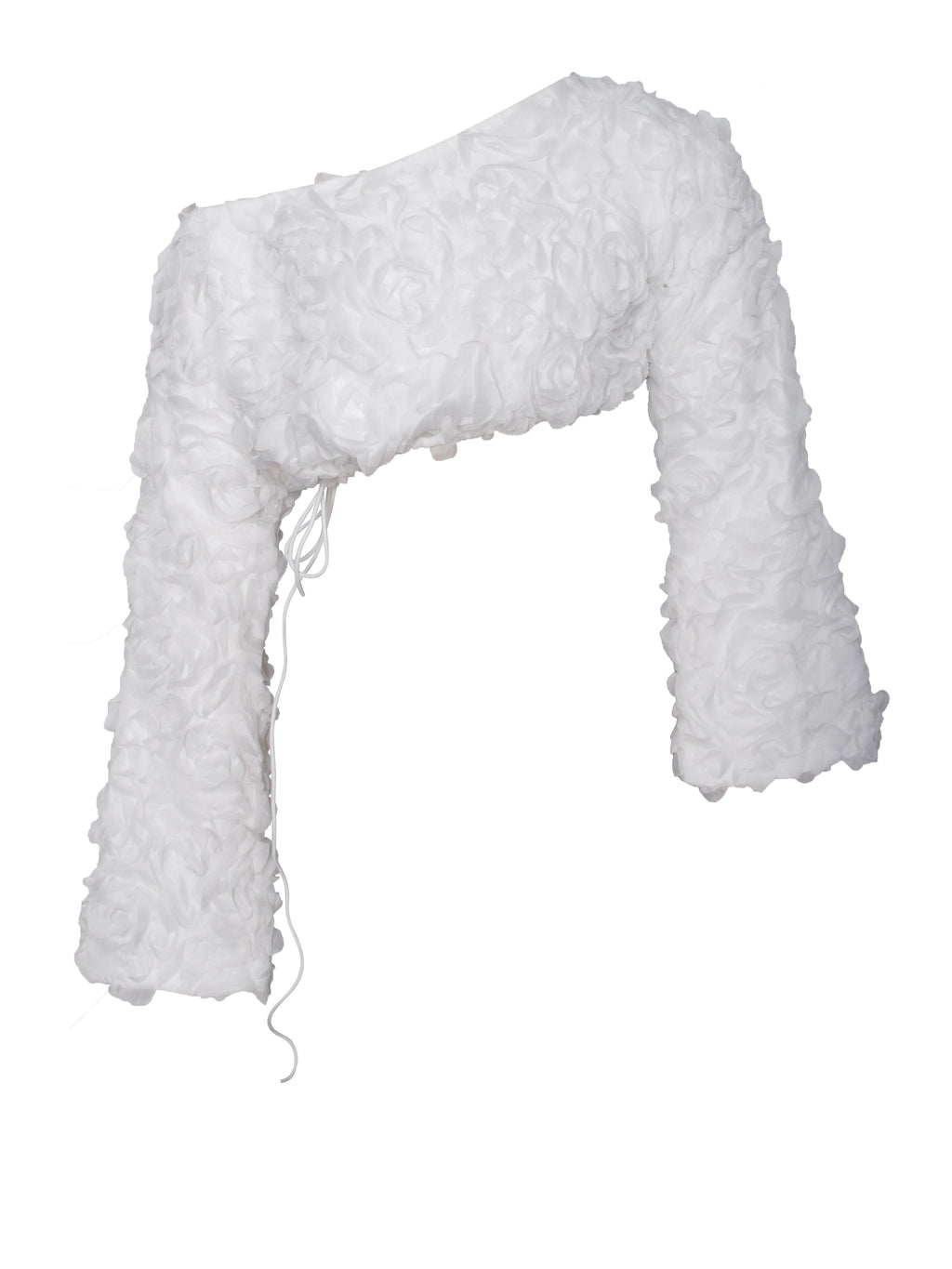 Qiana White Floral Appliqué Long Sleeve Off Shoulder Crop Top - HOUSE OF SHE