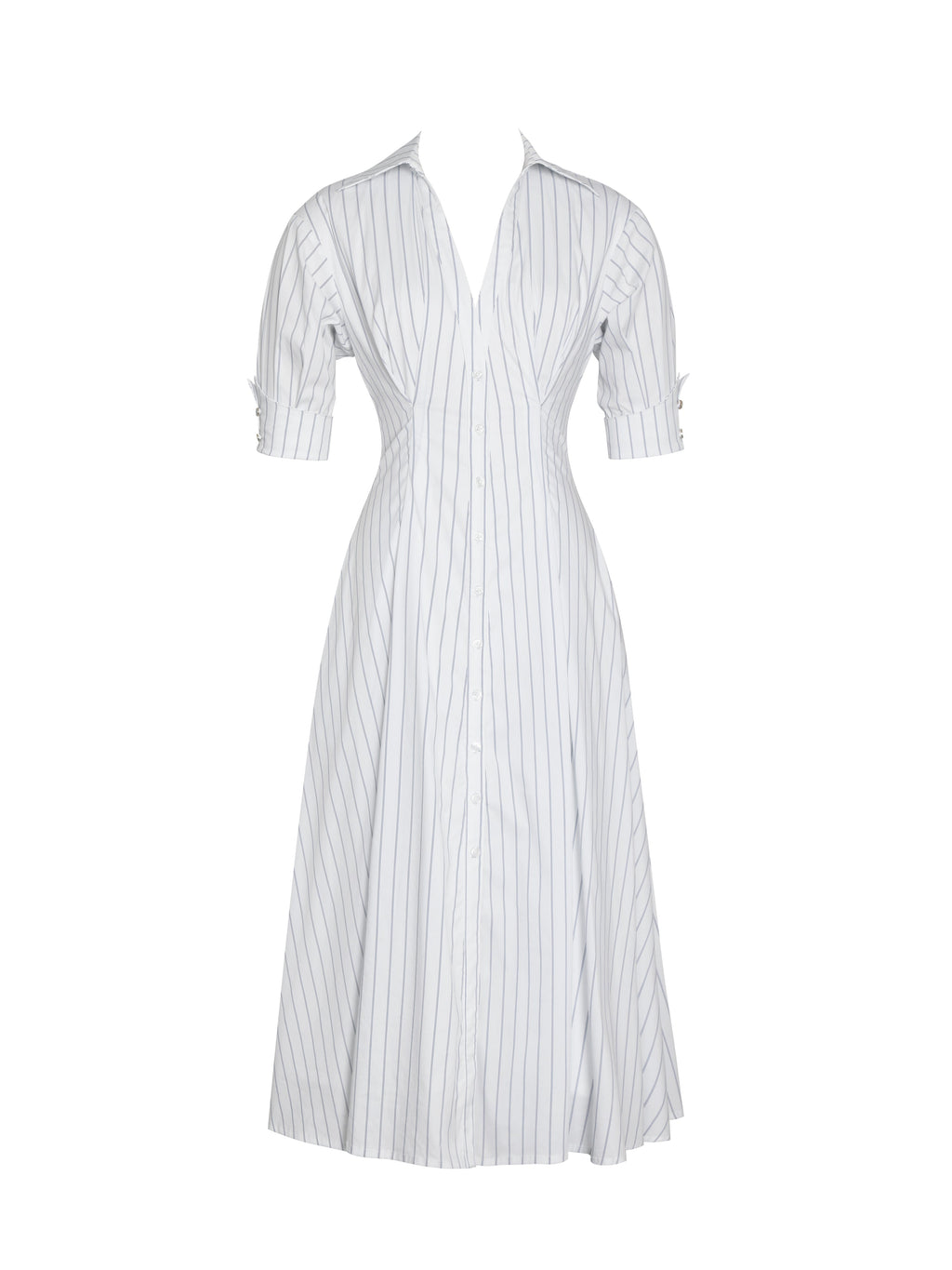 Palina Pinstripes Cotton Poplin Pleated Midi Preppy Shirt Dress - HOUSE OF SHE