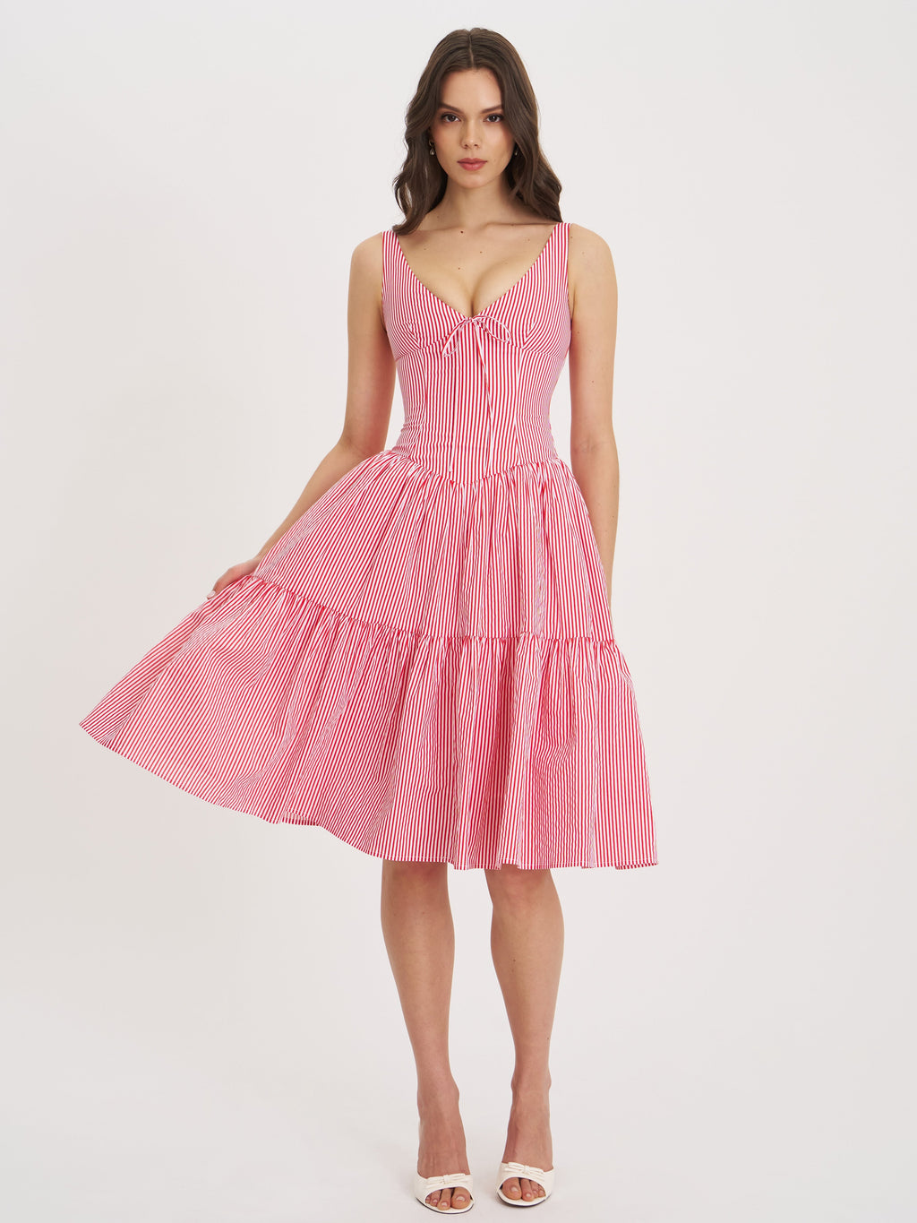 Oceana Red Candy Stripe Drop Waist Midi Dress - HOUSE OF SHE