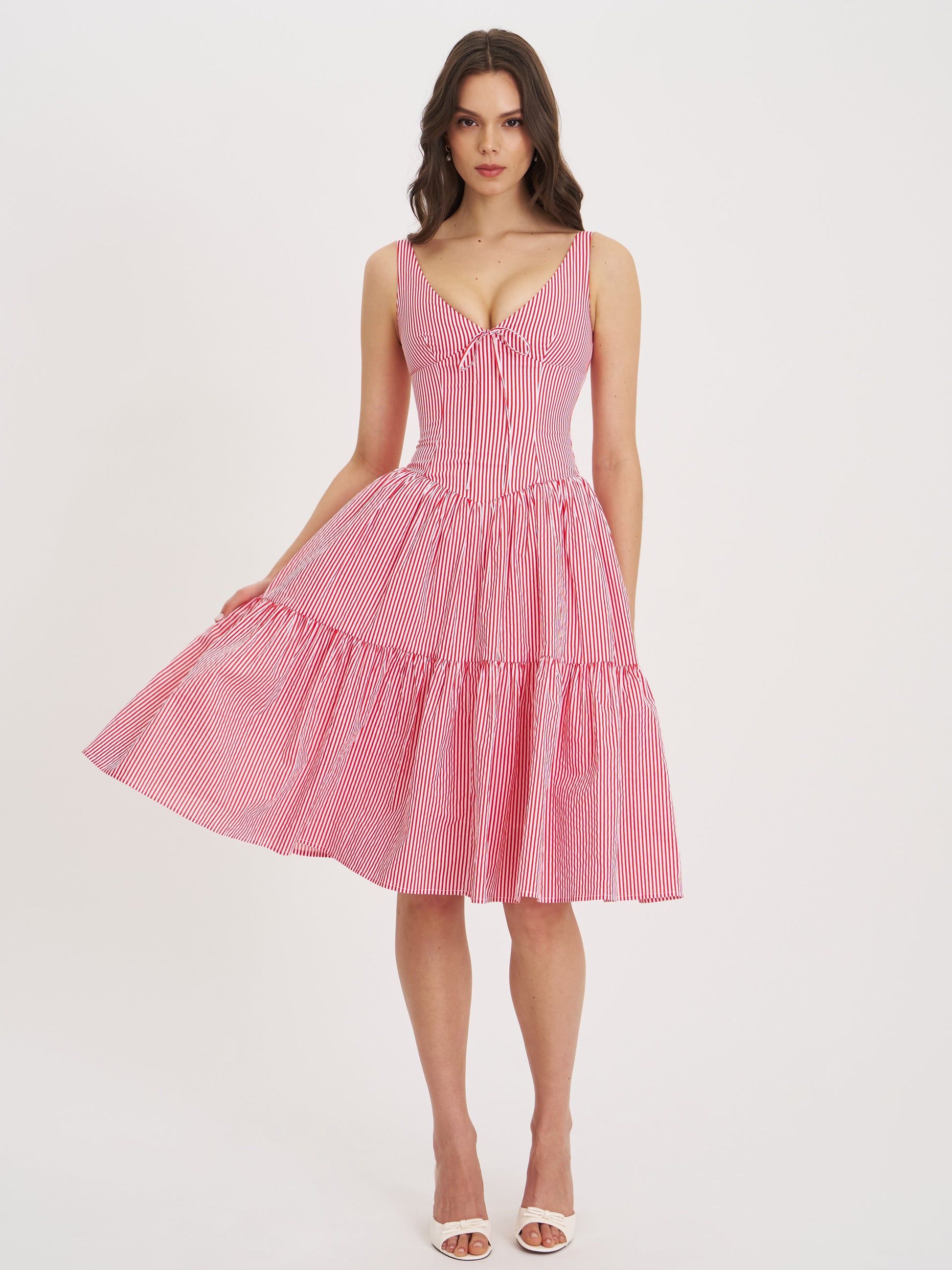 Oceana Red Candy Stripe Drop Waist Midi Dress - HOUSE OF SHE