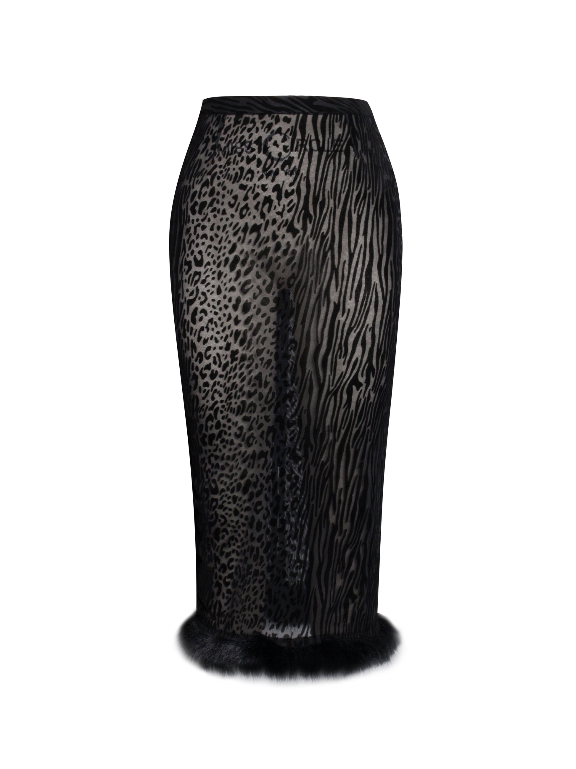 Halia Black Animal Print Burnout Velvet Fur Trim Skirt - HOUSE OF SHE