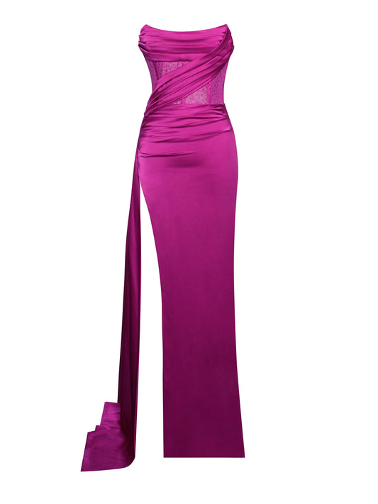 Holly Fuchsia Corset High Slit Satin Gown