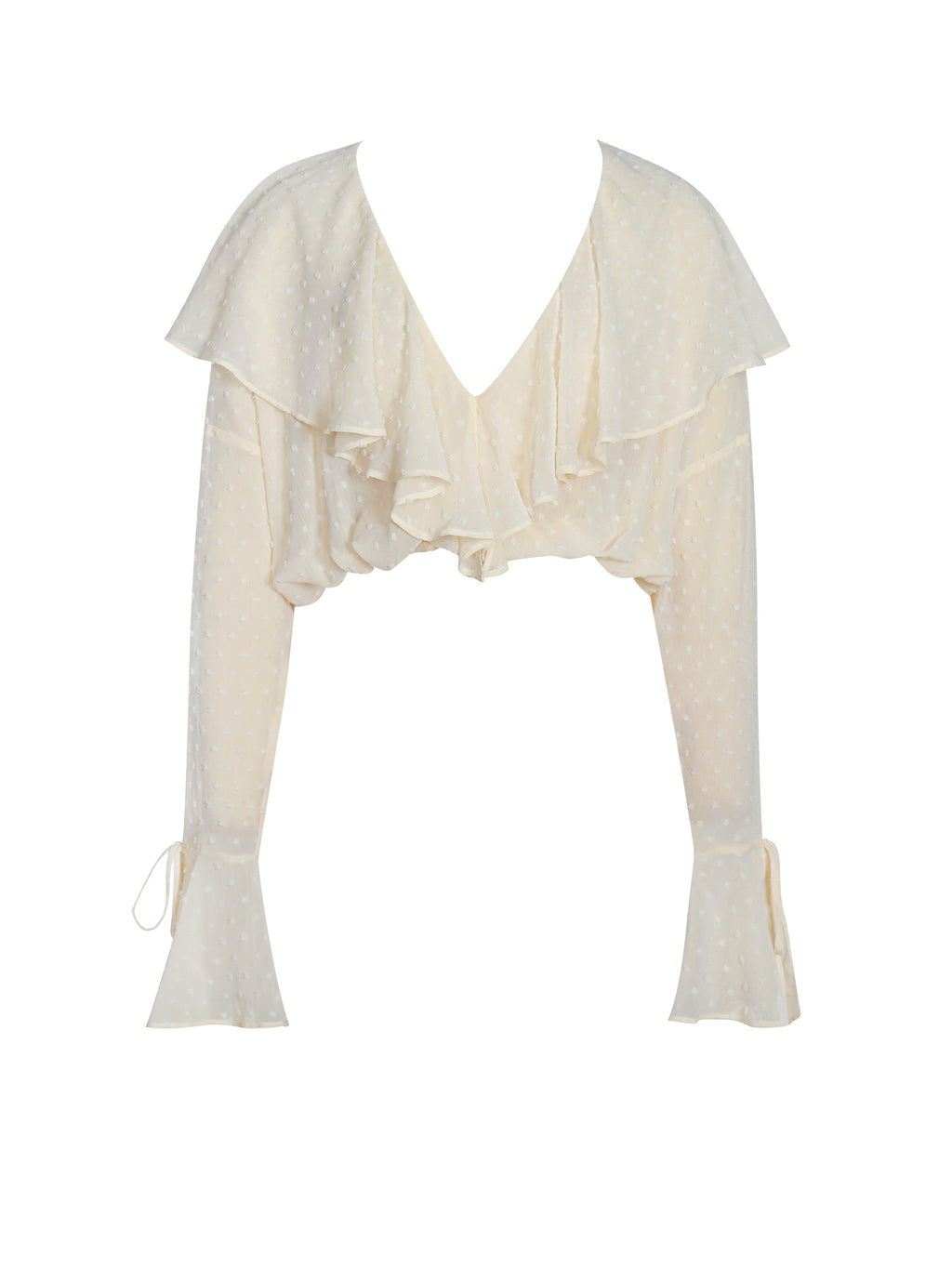 Magali Beige Dotted Mesh Ruffle V Collar Top - HOUSE OF SHE