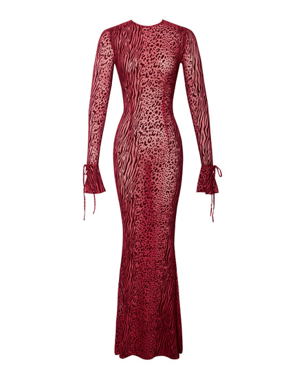 Dolma  Red Velvet Detail Mesh Maxi Dress