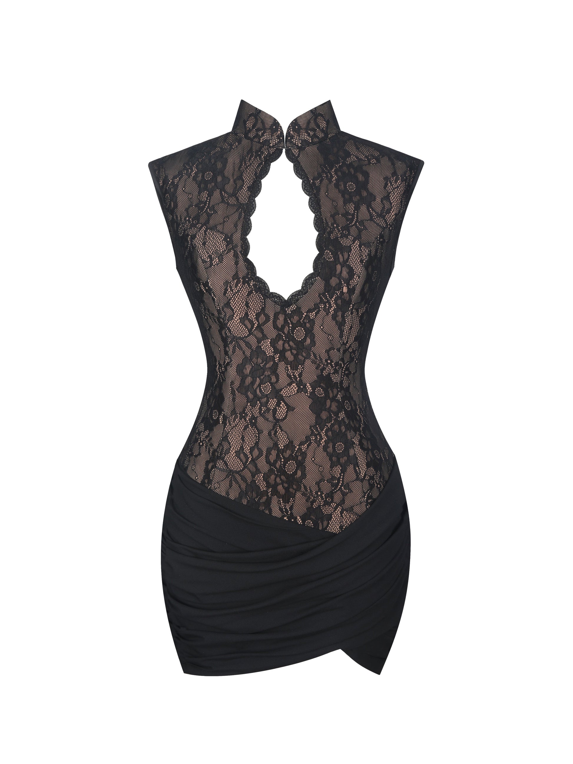 Valerie Black Lace Teardrop Neckline Ruched Mini Dress