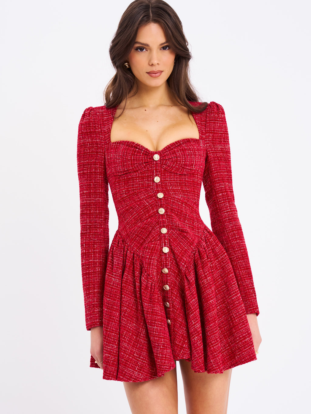 Tae Red Tweed Long Sleeve Drop Waist Mini Dress  HOUSE OF SHE