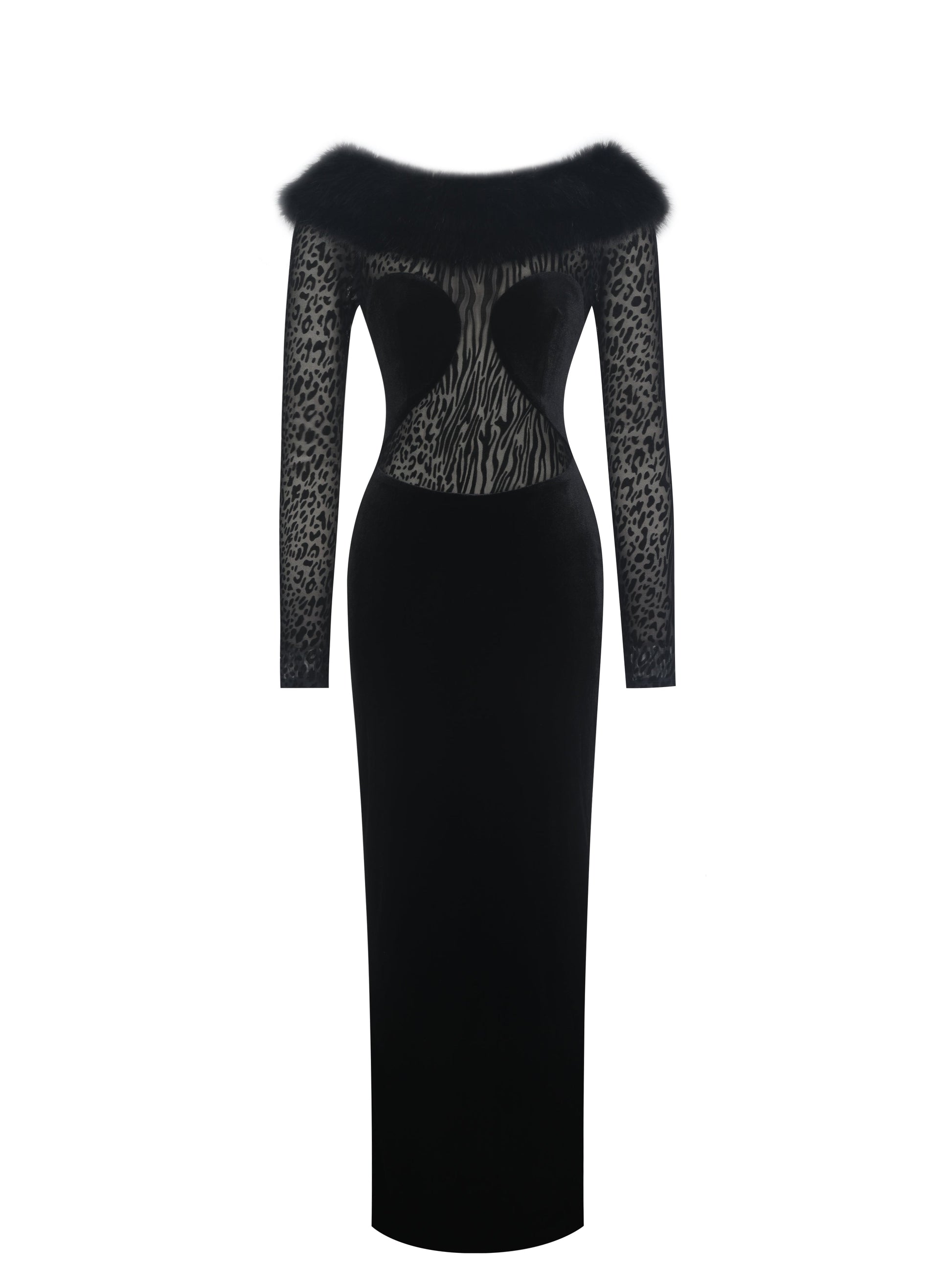 Alexis Black Animal Print Fur Boatneck Maxi Dress