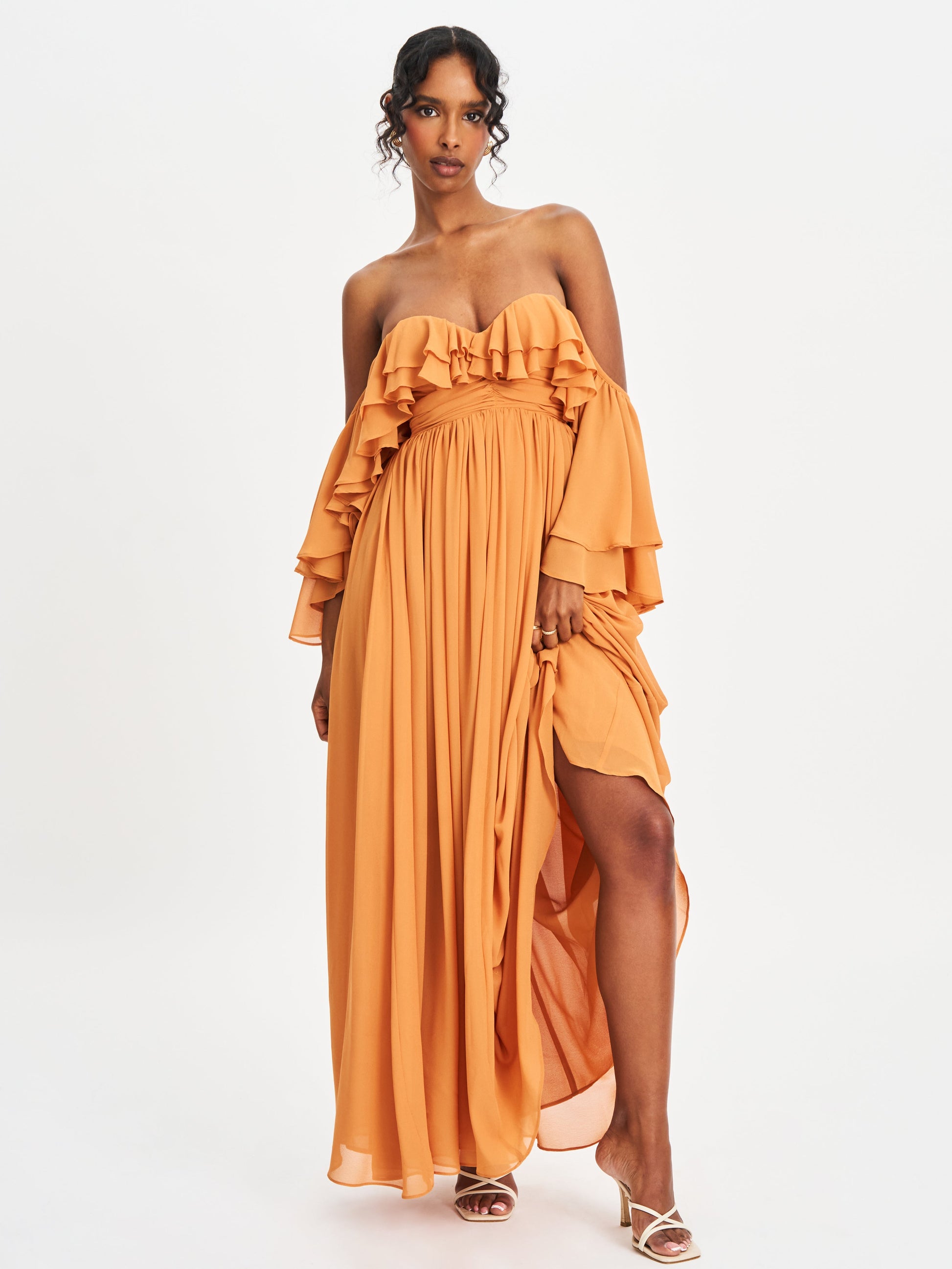 Kaela Brickwork Off Shoulder Chiffon Maxi Dress - HOUSE OF SHE