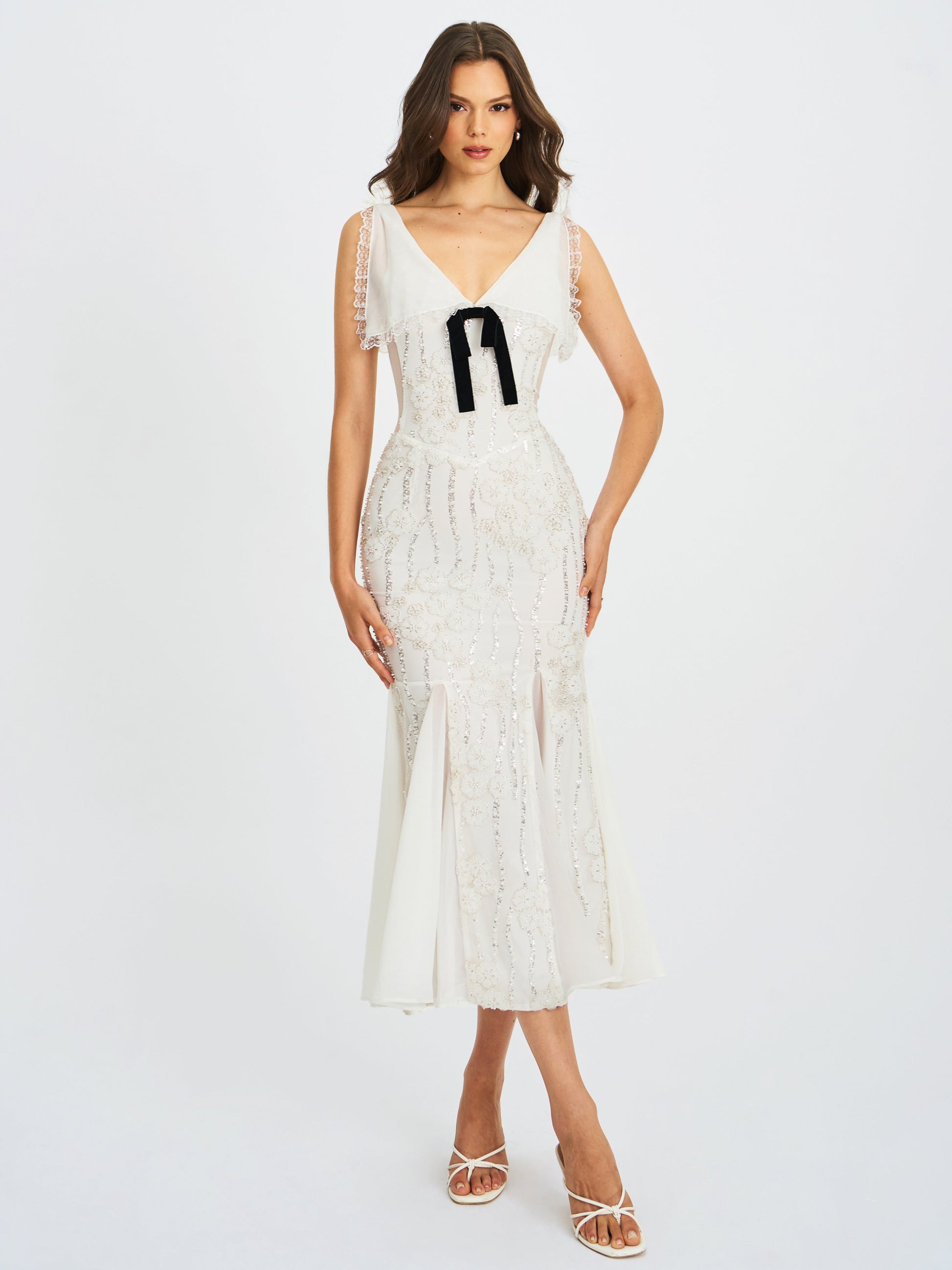 Paola White Peter Pan Collar Beaded Sequin Mermaid Midi Dress