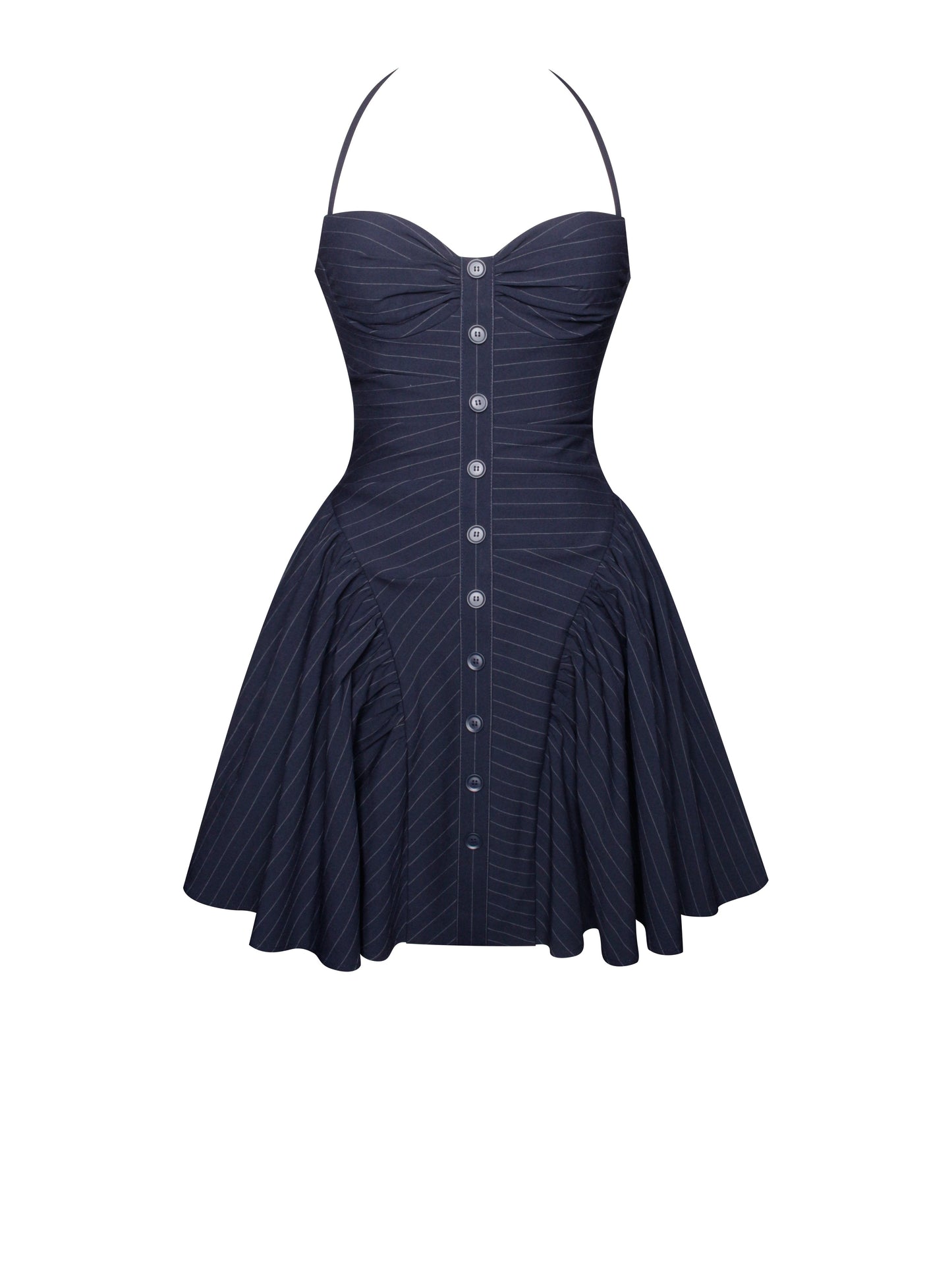 Melody Navy Blue Pinstripe Halter Drop Waist Mini Dress