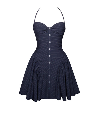 Melody Navy Blue Pinstripe Halter Drop Waist Mini Dress