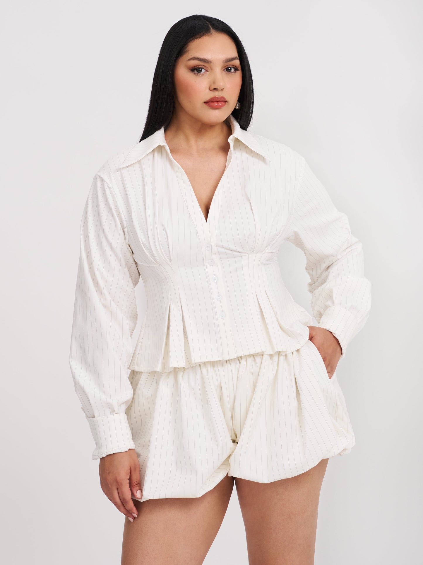 Sylvie White Pinstripe Bubble Shorts