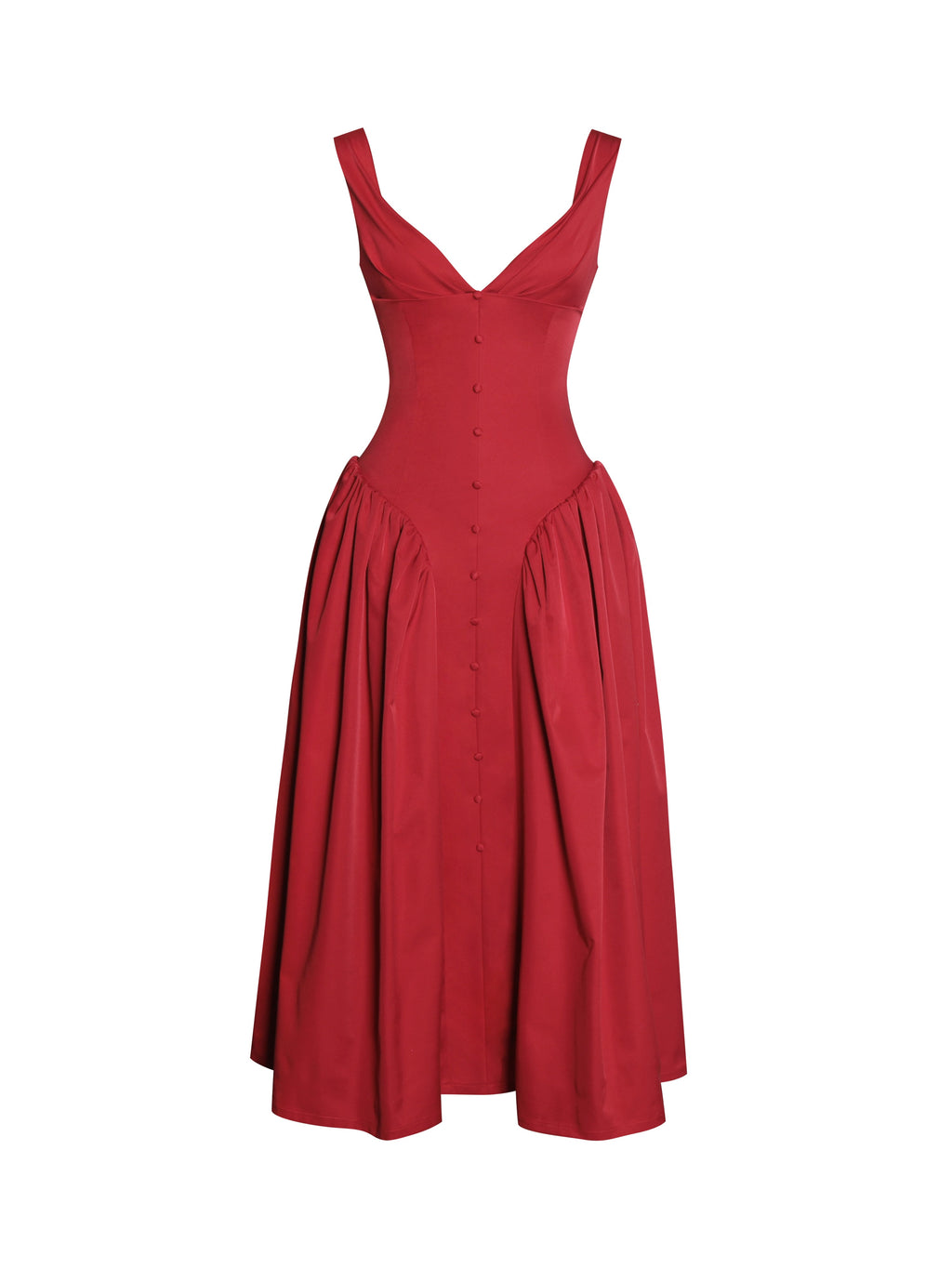 Nahla Red Drop Waist Midi Dress with Buttons - HOUSE OF SHE