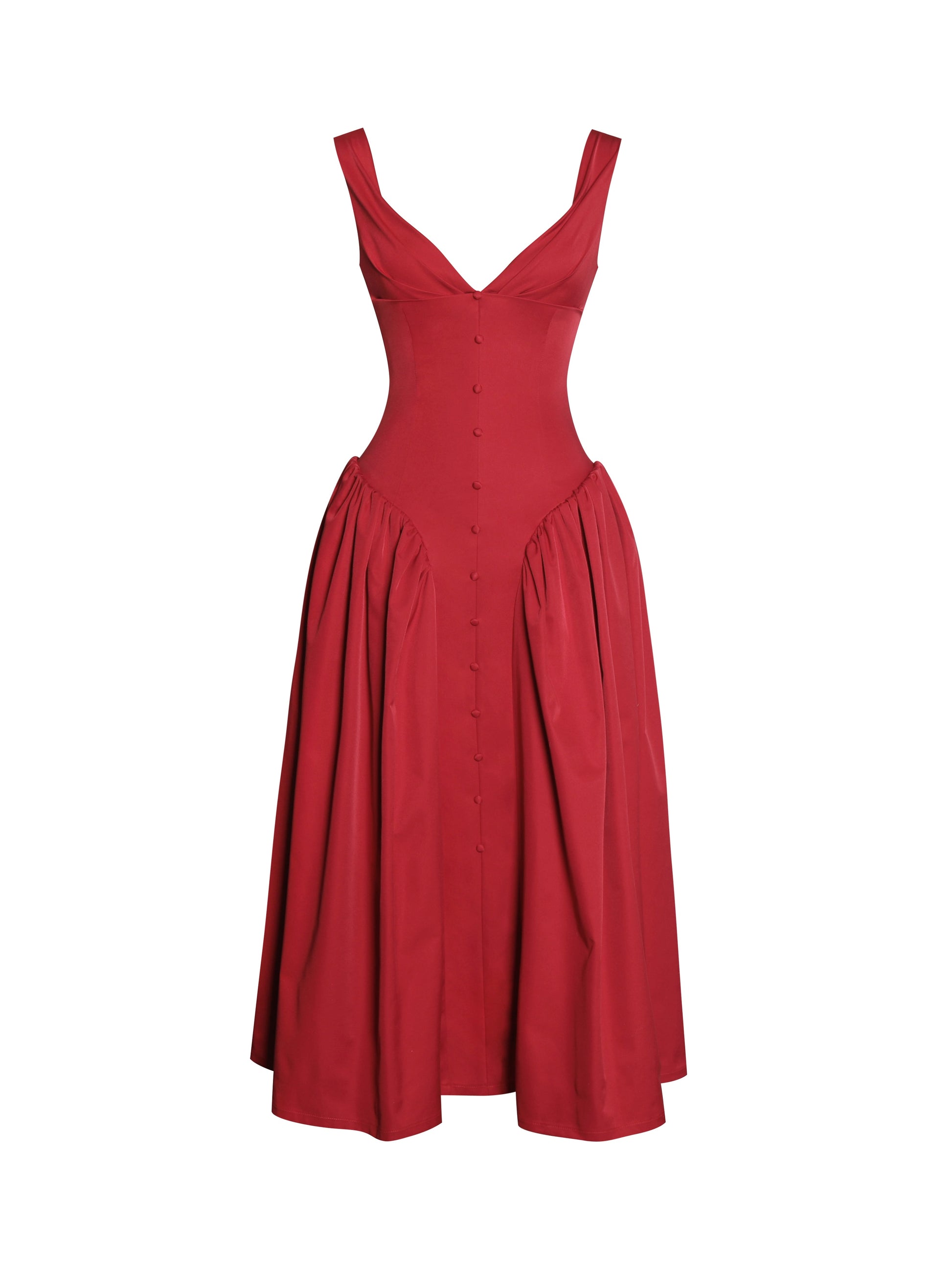 Nahla Red Drop Waist Midi Dress with Buttons - HOUSE OF SHE